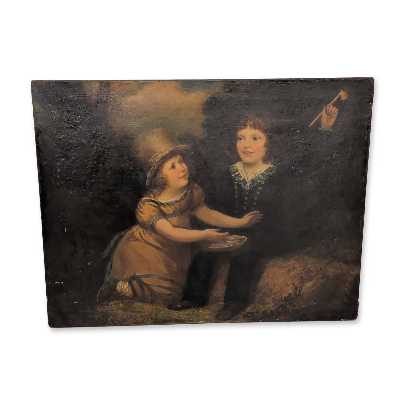 After Lemuel Francis Abbott, after Joshua Reynolds, Blowing Bubbles, Oil on Canvas: Genre scene titled Blowing Bubbles. Oil on canvas, depicting a boy in a dark coat with a lace collar and a girl in a saffron-colored dress and top hat. The work is unsigned. A hand-written paper label