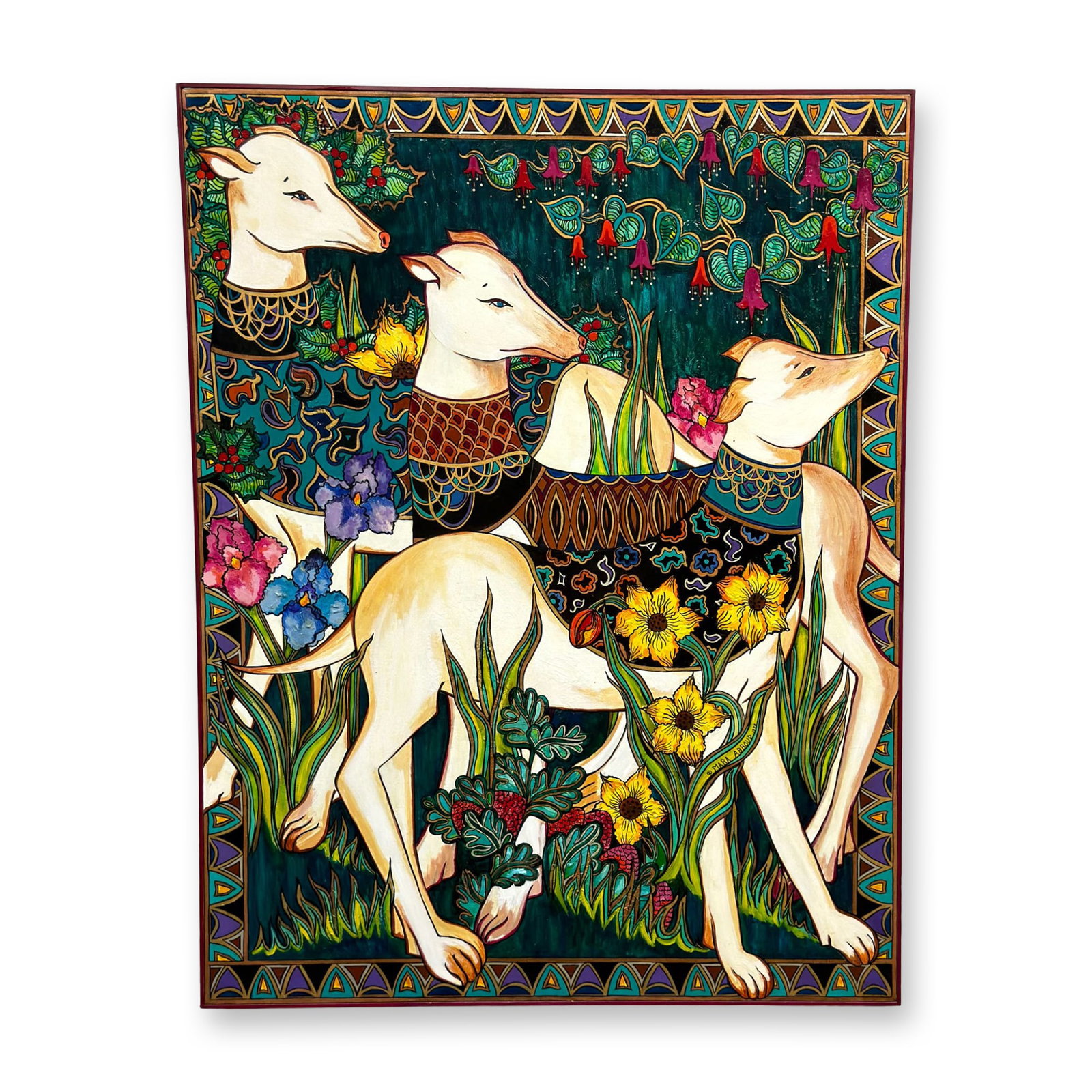 Mara Abboud (American, b. 1949), Persian Hounds, 1978: This original large-scale acrylic painting on stretched canvas is by American artist Mara Abboud and is titled Persian Hounds. The composition features three stylized, cream-colored dogs resembling si
