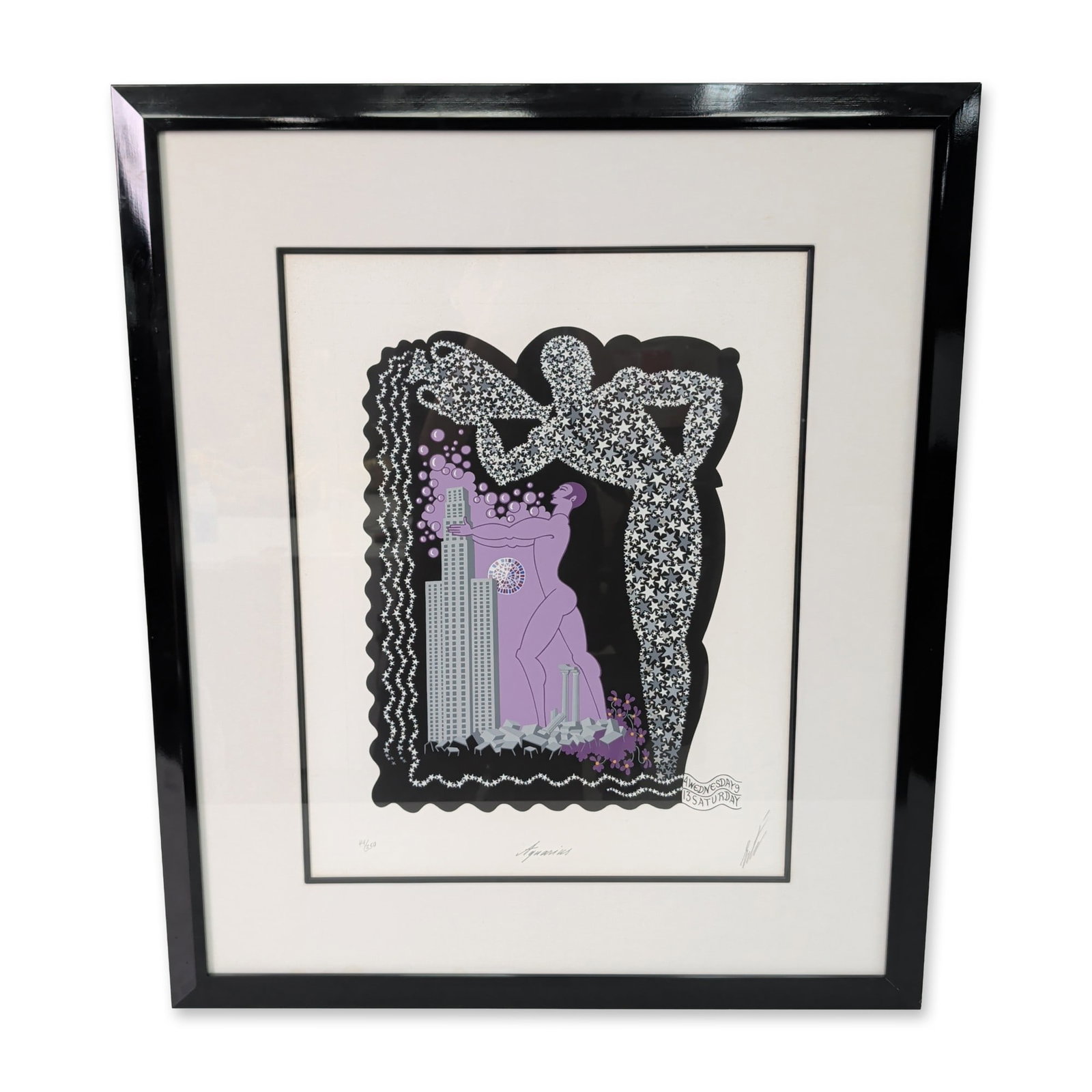 Erte (Russian/French, 1892-1990), Serigraph on paper, Aquarius Zodiac, Signed & Numbered: Erte (Romain de Tirtoff) color serigraph on paper, titled Aquarius from The Zodiac Suite, featuring a stylized purple reclining nude figure above a graphic cityscape with a star-patterned border. Penc