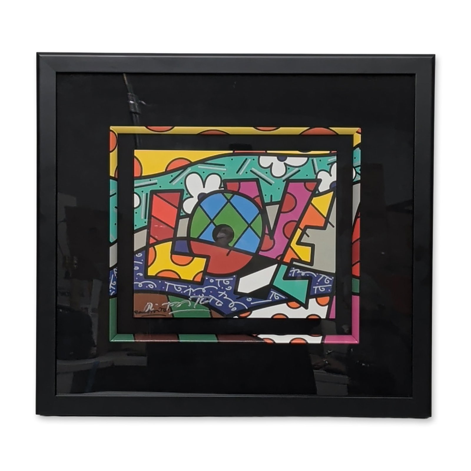 Romero Britto (Brazilian, b. 1963), Screenprint on Paper, Love, Signed: Romero Britto (Brazilian, b. 1963) screenprint on paper titled Love in the artist's signature Neo-Pop style, featuring a vibrant abstract composition with characteristic patterns of polka dots and str