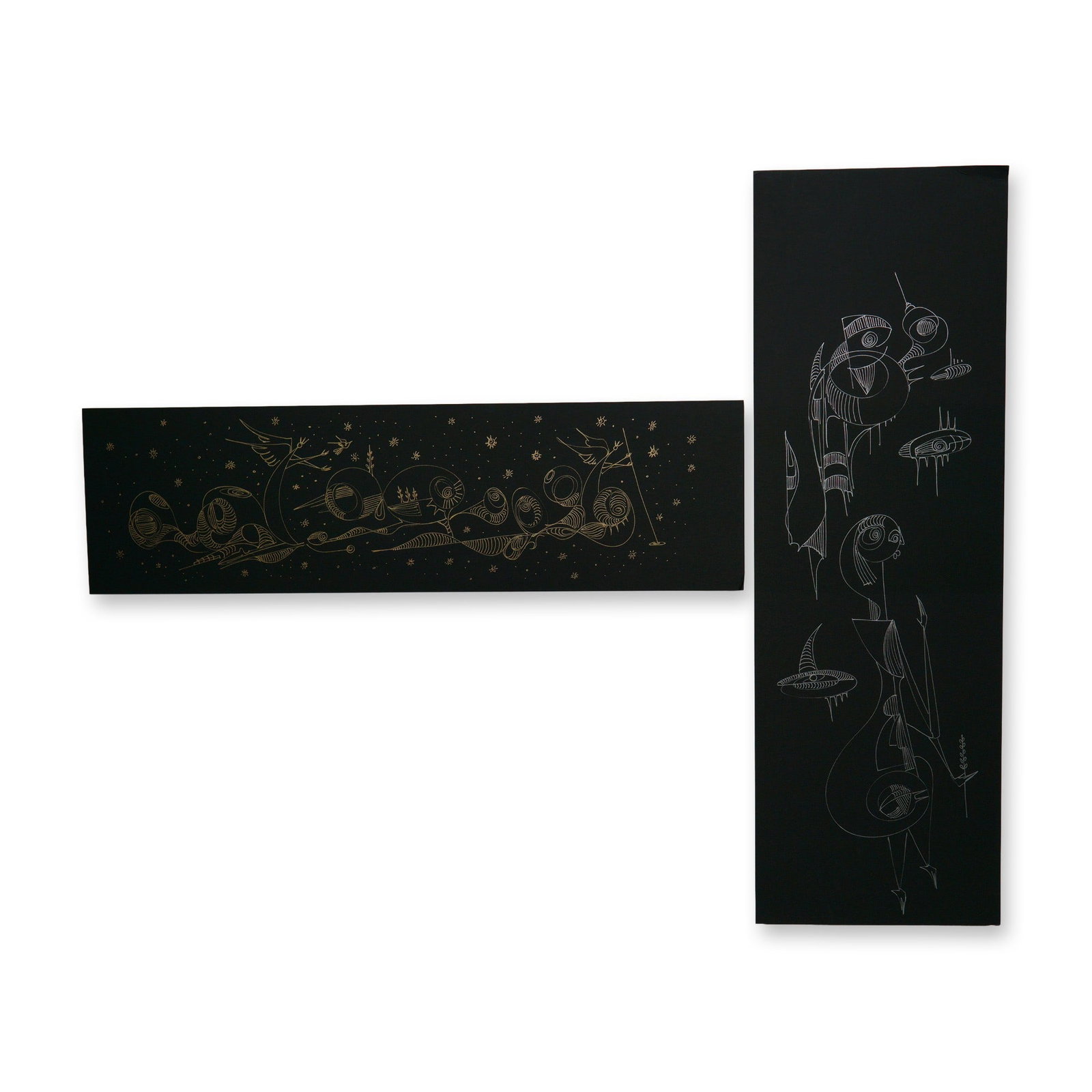 2pc Alfonso Rendon aka Masplata (Panamanian, 1957 - 2025), Gold & Silver Pen Sketch on Black Board,: Original abstract art in silver and gold pen on black board. Artist: Alfonso Rendon aka Masplata (Panamanian, 1957 - 2025) Dimensions: Largest piece 10.5"L x 32"H