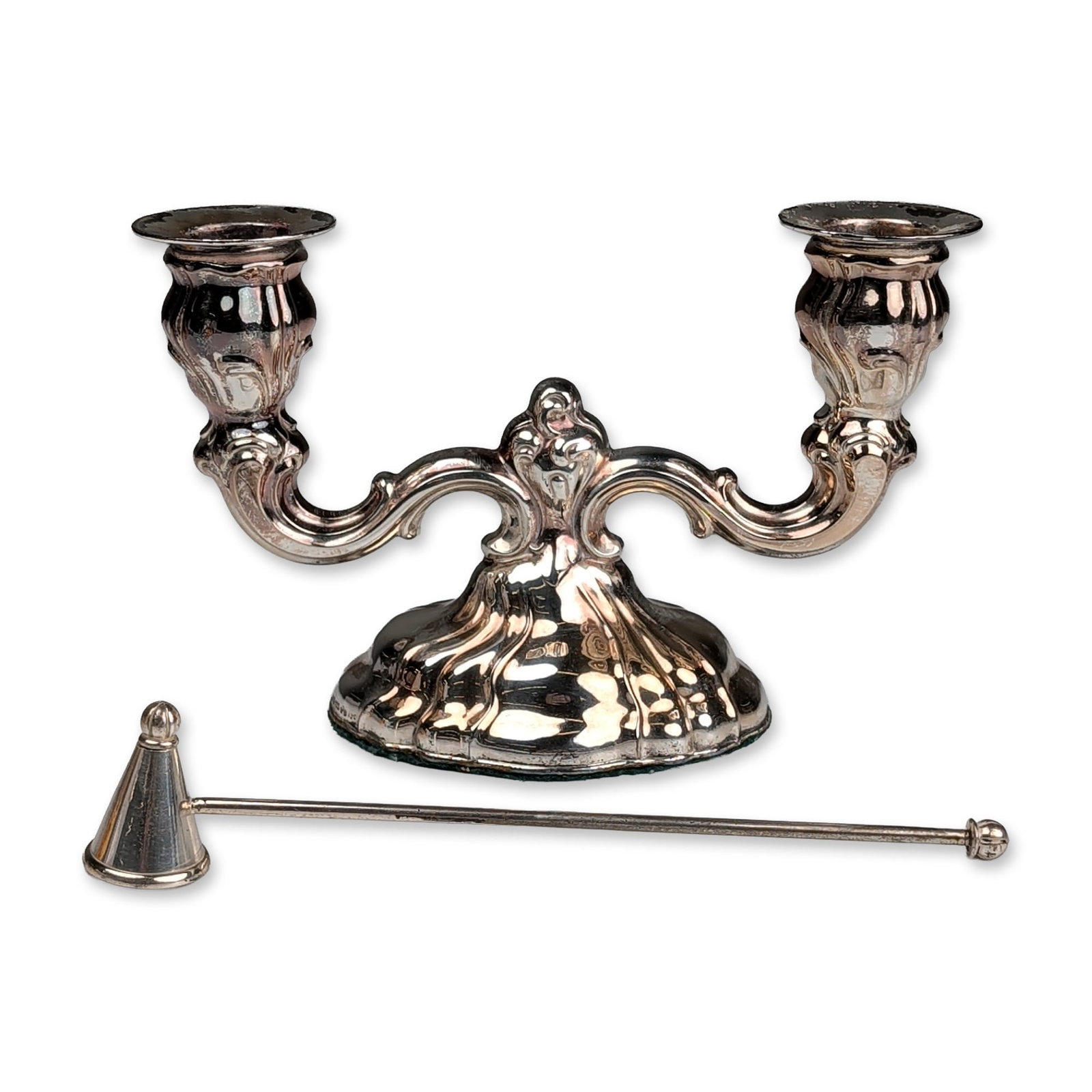 Rococo Revival Silver Plated Two Light Candelabra and Snuffer (1 of 4)