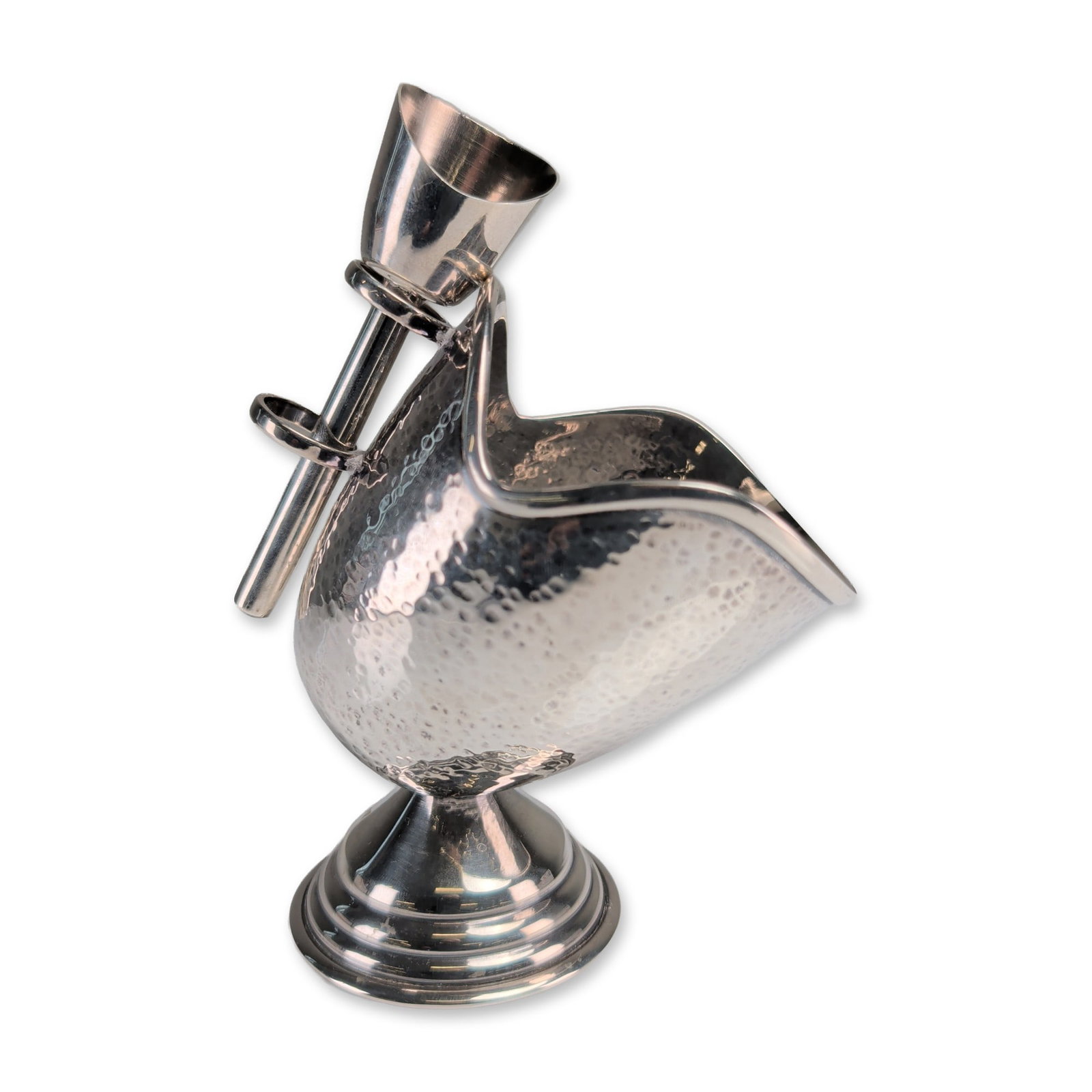 Modernist Solid Silver Martele Finish Sugar Scuttle and Scoop: Solid silver sugar scuttle and scoop featuring a hand-hammered martele finish throughout. The scuttle is constructed with an asymmetric flared rim, a small pouring lip, and a circular pedestal base wi