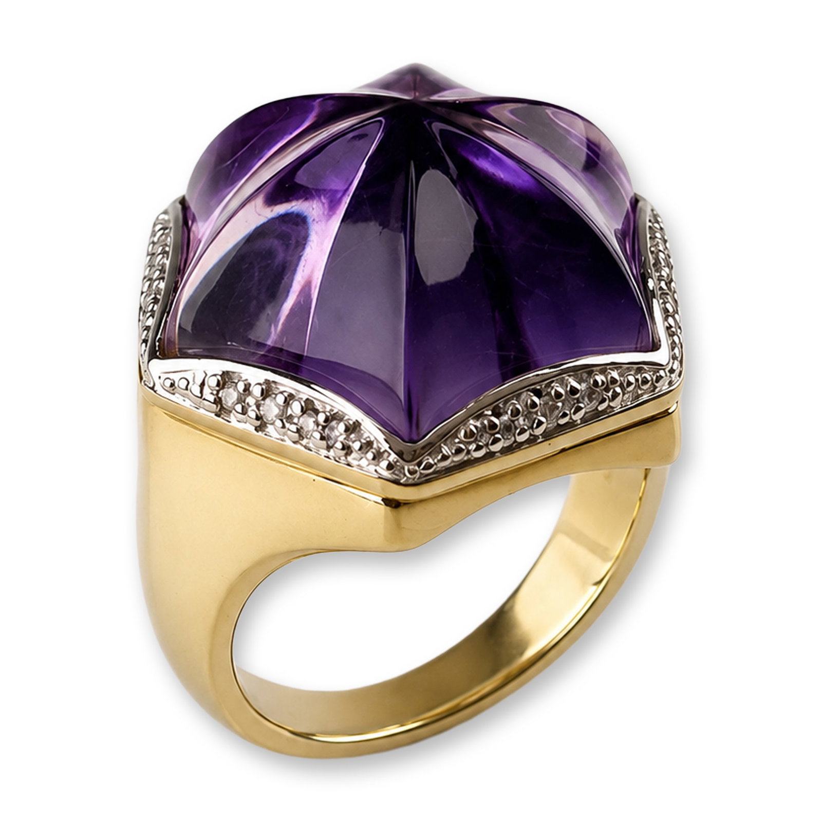 14K Gold Carved Amethyst and Diamond Cocktail Ring: A contemporary hexagonal cocktail ring in 14k yellow gold. The center features a single large hexagonal amethyst with a sunburst-style faceted carving on the crown, exhibiting a medium purple hue and 