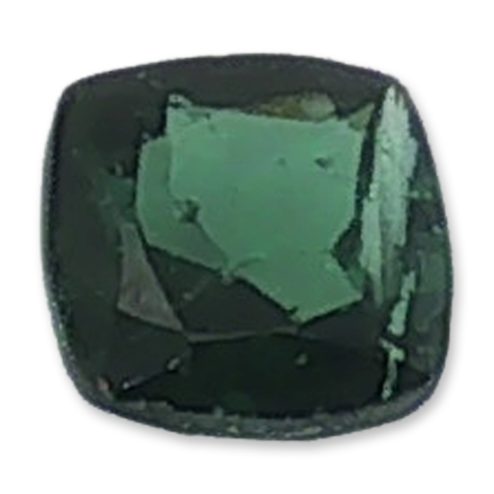 Loose 0.3 Carat Cushion Cut Green Tourmaline Gemstone: Single faceted loose gemstone, identified by provided data as a natural green tourmaline. The stone presents a deep, forest green hue with rich saturation and lighter green flashes visible through the