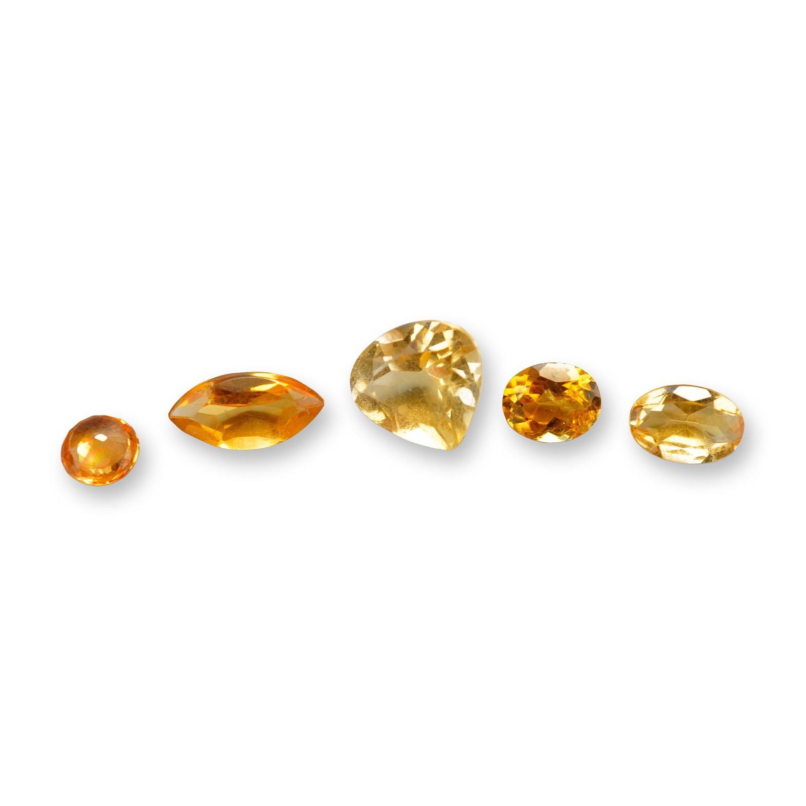 5pc Citrine Gemstones in Various Shapes: Set of 5 Citrine stones weighting 0.32-1.04cts. Citrine is a sunny, golden variety of quartz prized for manifesting abundance, boosting self-confidence, and clearing negative energy. Often called the 