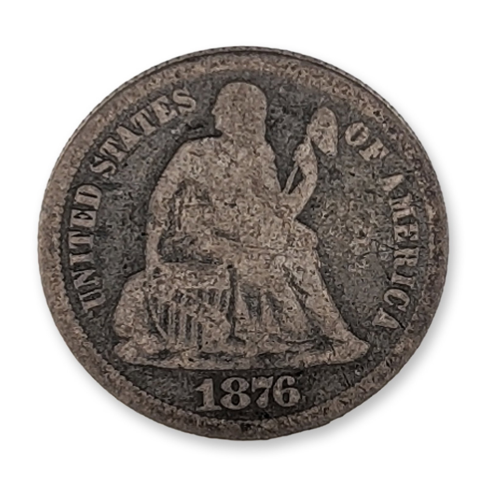 1876-CC US Seated Liberty Silver Dime: Seated Liberty dime in 90% silver, minted at U.S. Mint of Carson City, featuring the standard series designs on the obverse and reverse. The obverse is struck with the date 1876 without stars and