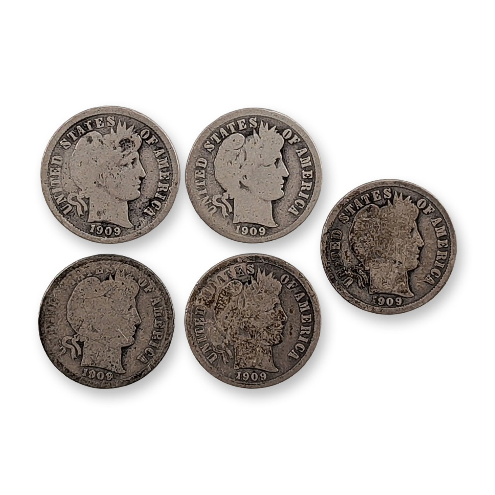 5pc 1909, 1909-O US Barber Silver Dime Coins: Struck in 90% silver. The obverse features the Liberty head design wearing a Phrygian cap and laurel wreath, surrounded by the legend UNITED STATES OF AMERICA. The reverse displays the denomination ON