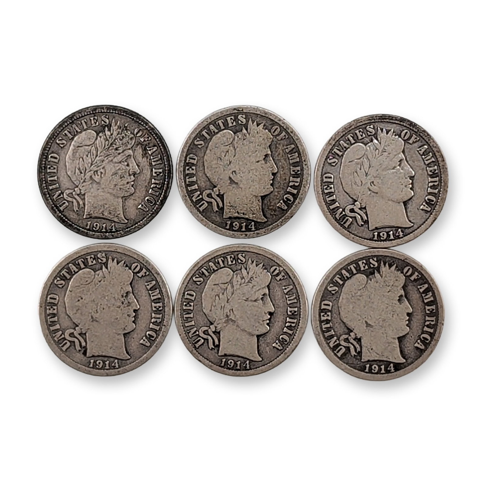 6pc 1914, 1914-D, 1914-S US Barber Silver Dime Coins: US 1914 Barber Dimes in 90% silver. The collection includes examples from the Philadelphia, Denver, and San Francisco mints. Denver specimens bear an impressed letter D below the reverse wreath; San F