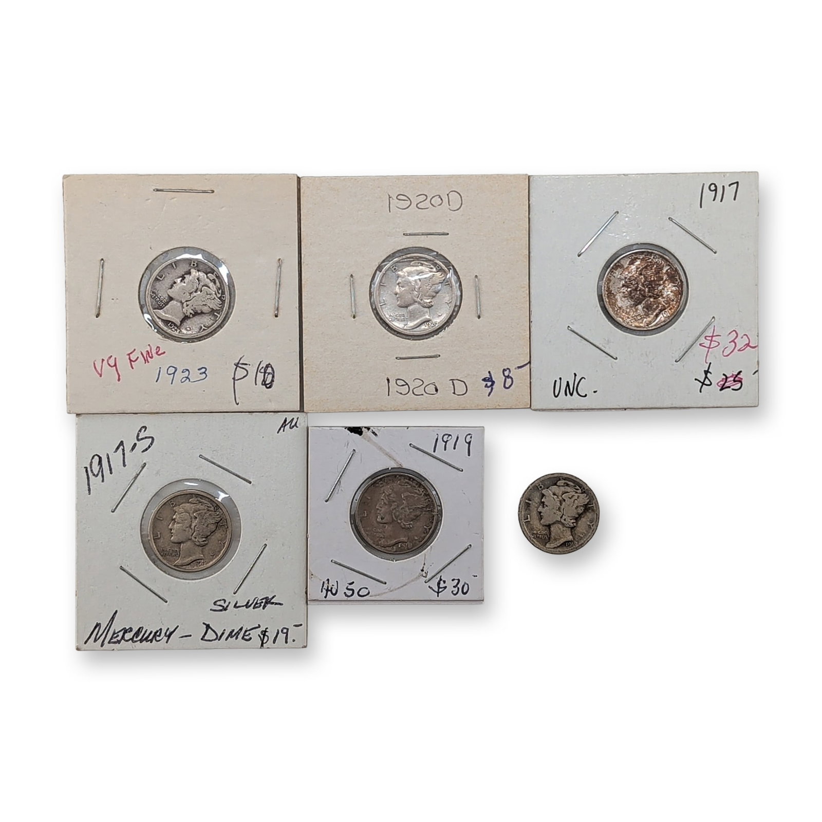 6pc 1917-1920, 1917-S, 1920-D, 1923 US Mercury Silver Dime Coins (1 of 2)