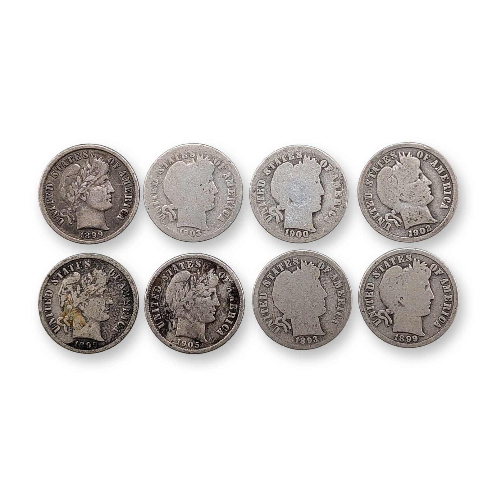 8pc 1893, 1899, 1900, 1902-O, 1903, 1905 US Barber Silver Dime Coins (1 of 2)