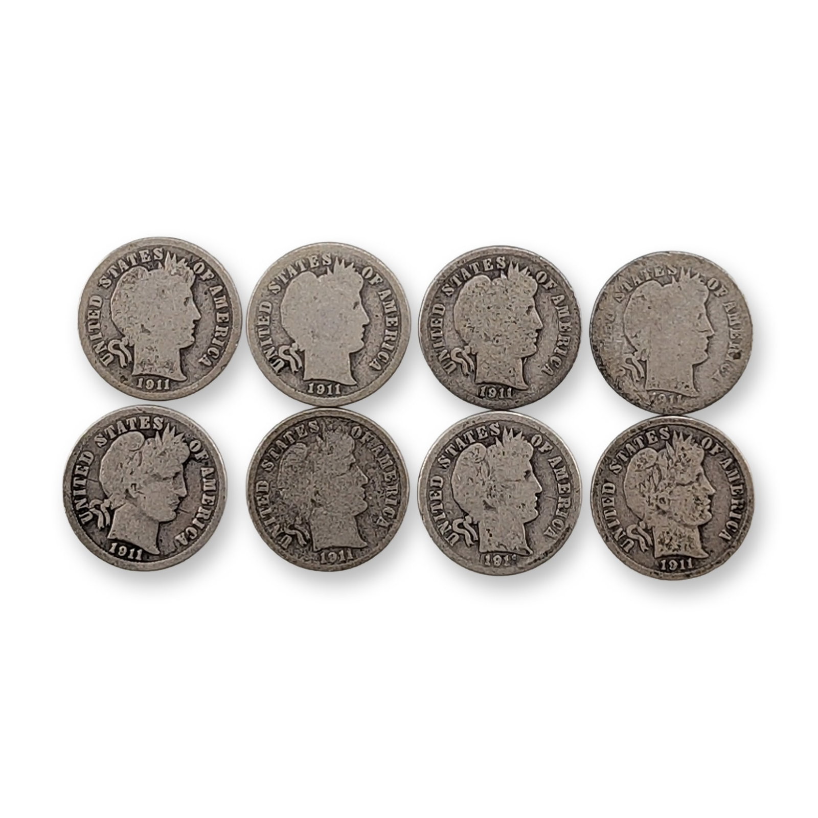 8pc 1911, 1911-D US Barber Silver Dime Coins: Collection of United States silver Barber dimes, all dated 1911. Struck in 90% silver. The grouping includes specimens from both the Philadelphia and Denver mints. Obverse features a right-facing port