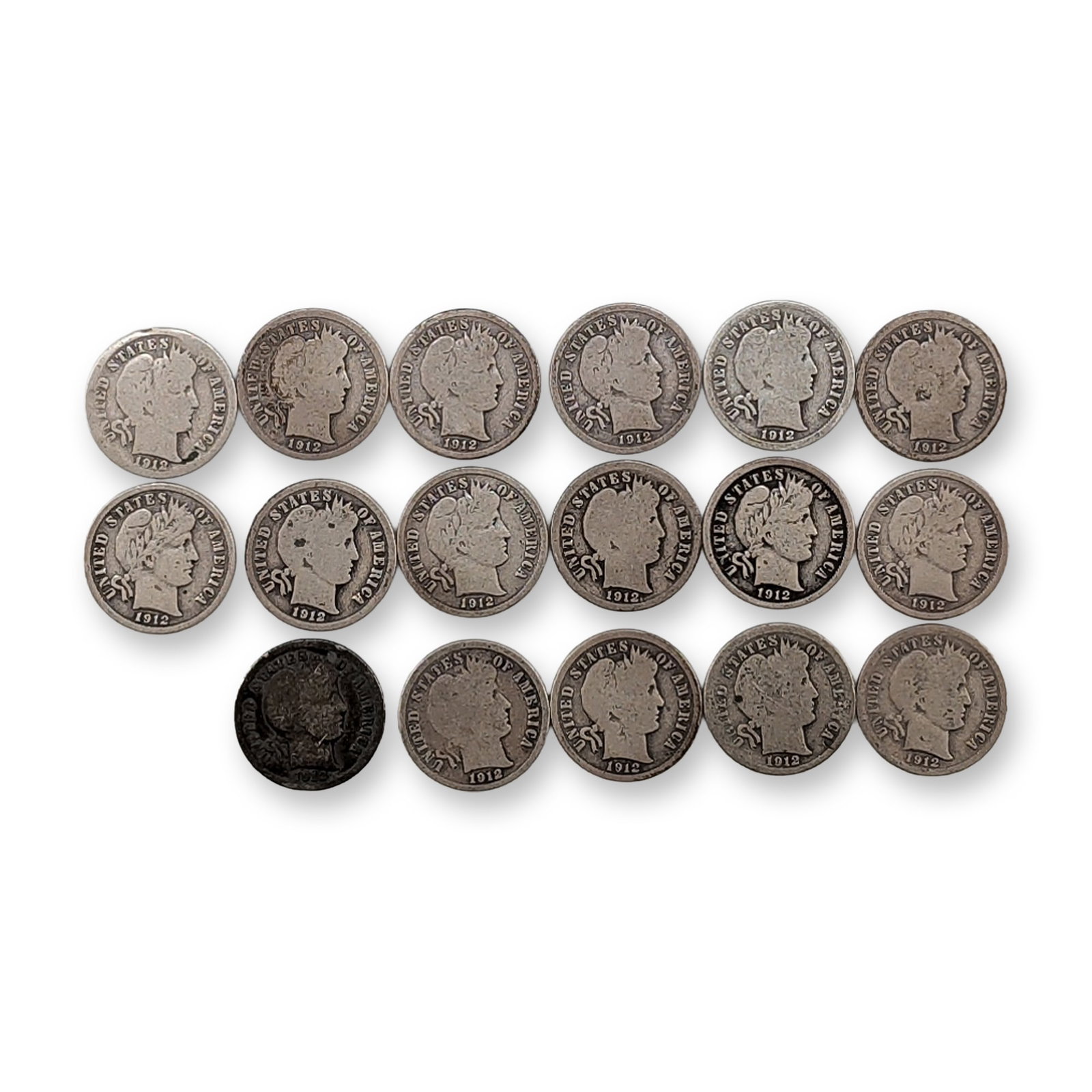 17pc 1912, 1912-D US Barber Silver Dime Coins: Collection of US silver Barber dimes dated 1912. Composed of 90 percent silver. The obverse features the design by Charles E. Barber depicting a right-facing portrait of Liberty with the inscription U