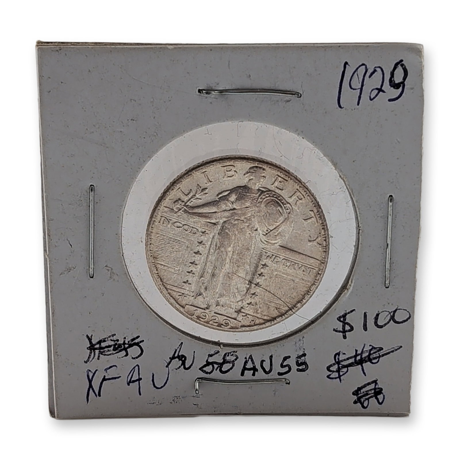 1929 US Standing Liberty Silver Quarter Coin: 1929 US Standing Liberty quarter dollar, Philadelphia mint issue. Struck in 90% silver, featuring the standing figure of Liberty on the obverse and an eagle in flight on the reverse. The coin is house