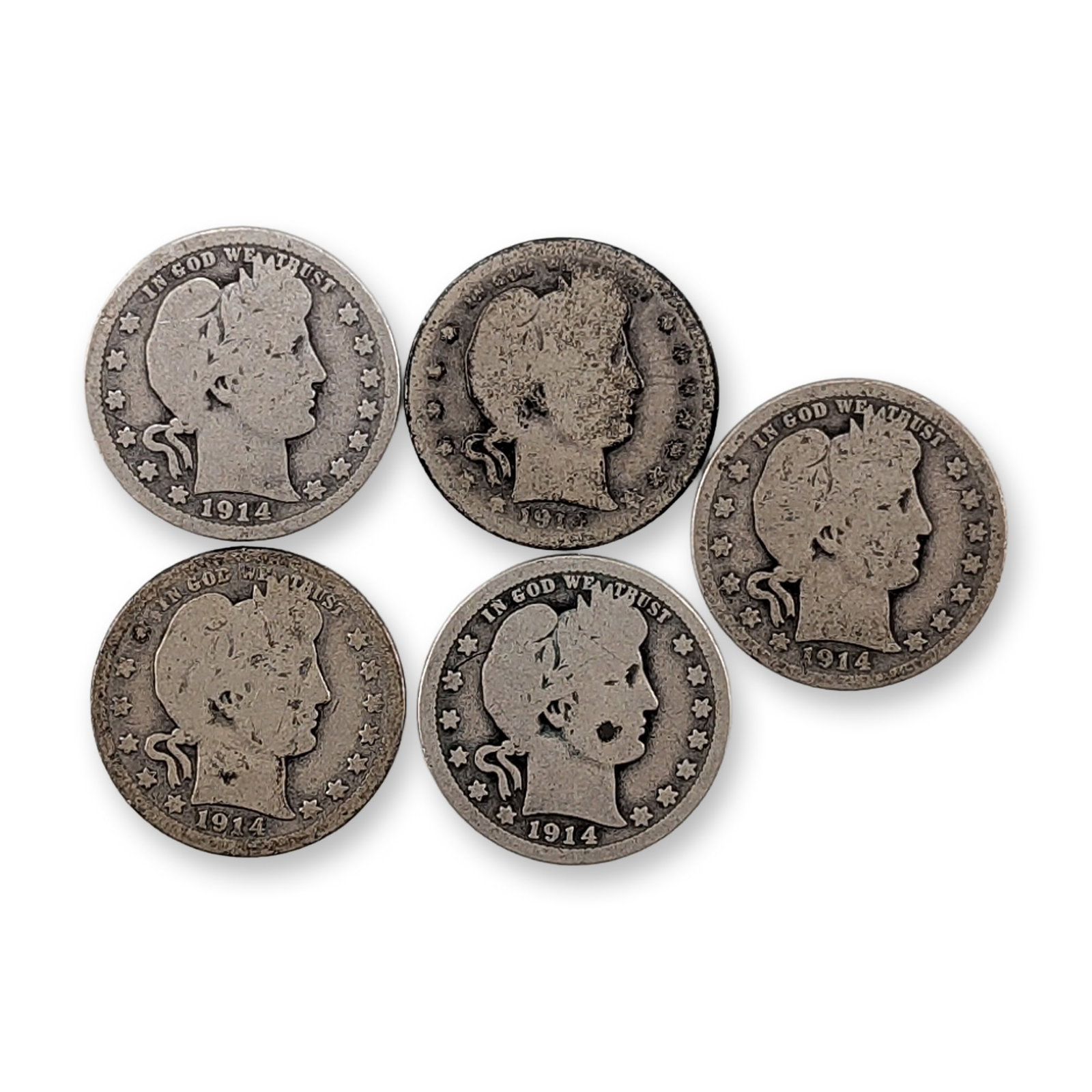 5pc 1914, 1914-D US Barber Silver Quarter Coins: United States, 1914. Barber Quarter collection struck in 90% silver. Each coin features the Liberty head obverse and heraldic eagle reverse. The group includes coins from three different mint faciliti