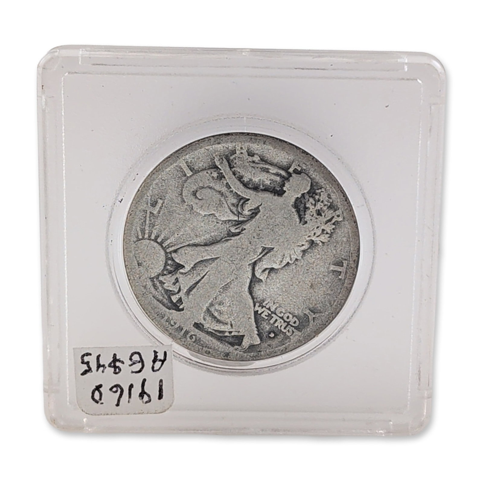 1916-D US Walking Liberty Silver Half Dollar Coin: US 1916-D Walking Liberty half dollar in 90 percent silver, featuring the Adolph A. Weinman design. The obverse depicts Liberty walking toward a rising sun with the Denver Mint mark D positioned below