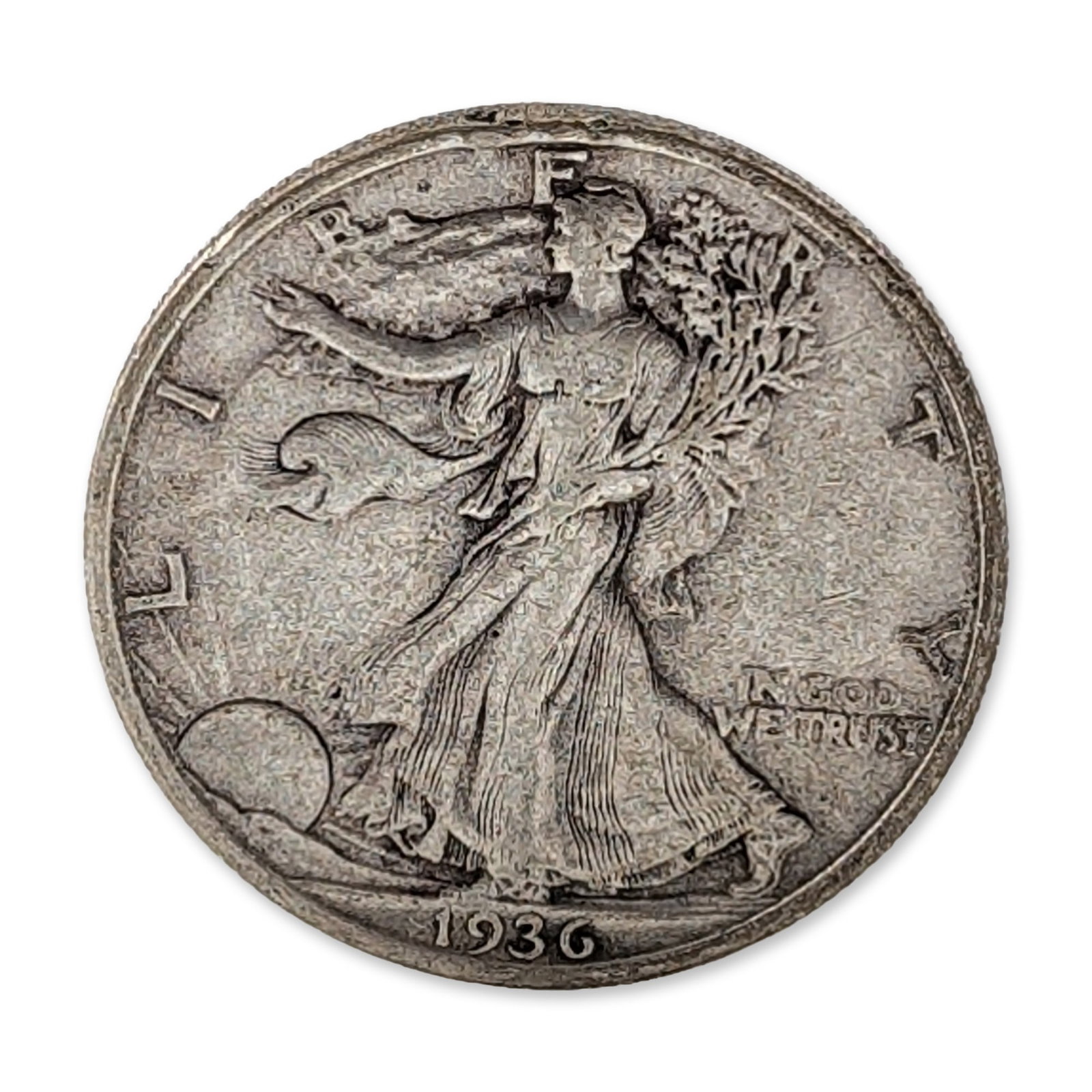 1936 US Walking Liberty Silver Half Dollar Coin: 1936 US Walking Liberty half dollar struck in 90 percent silver, Philadelphia Mint issuance. Obverse includes readable inscriptions LIBERTY, IN GOD WE TRUST, and the date 1936. Reverse includes legend