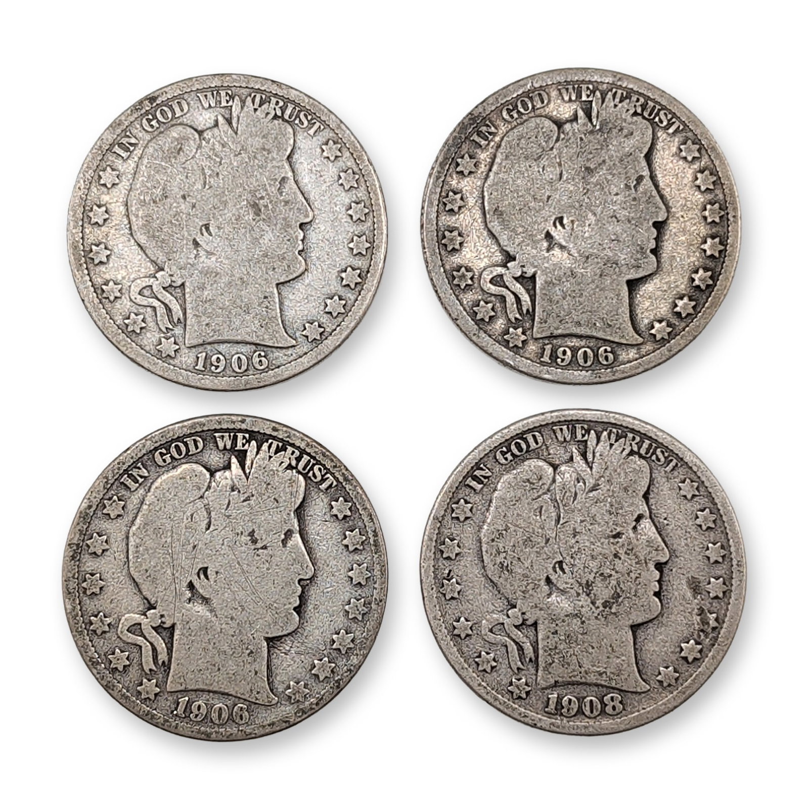 4pc 1906-D, 1906-O, 1908-D US Barber Silver Half Dollar Coins: Group of four US Barber silver half dollars, including three dated 1906 and one dated 1908. Struck in 90% silver, the coins feature the Liberty head obverse and heraldic eagle reverse designs by Charl