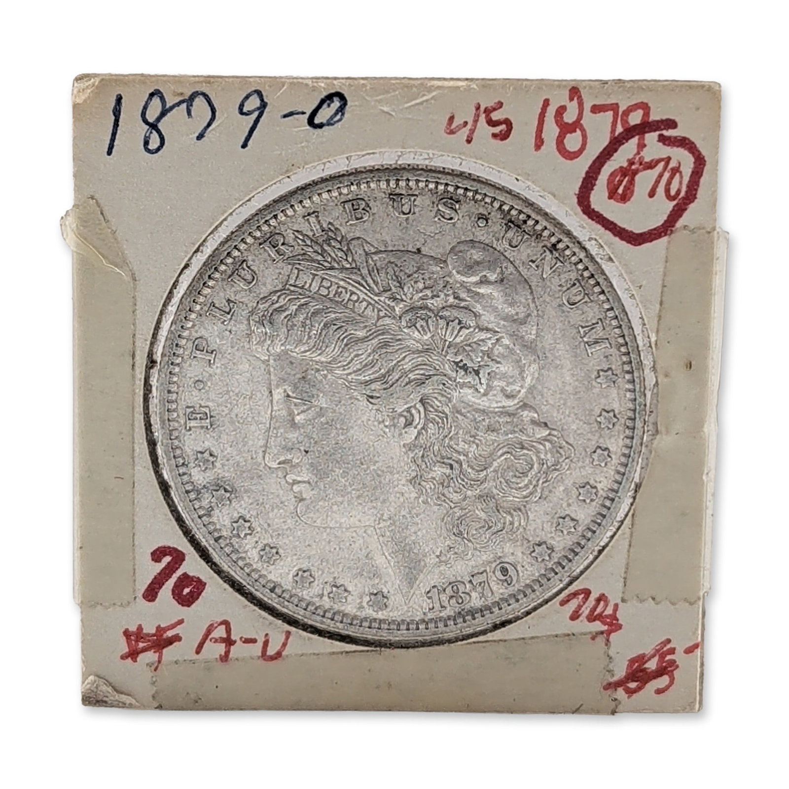 1879-O US Morgan Silver Dollar Coin: United States 1879 Morgan silver dollar struck at the New Orleans Mint. The coin is composed of 90 percent silver and 10 percent copper. The obverse displays the Liberty profile and the date 1879, whi