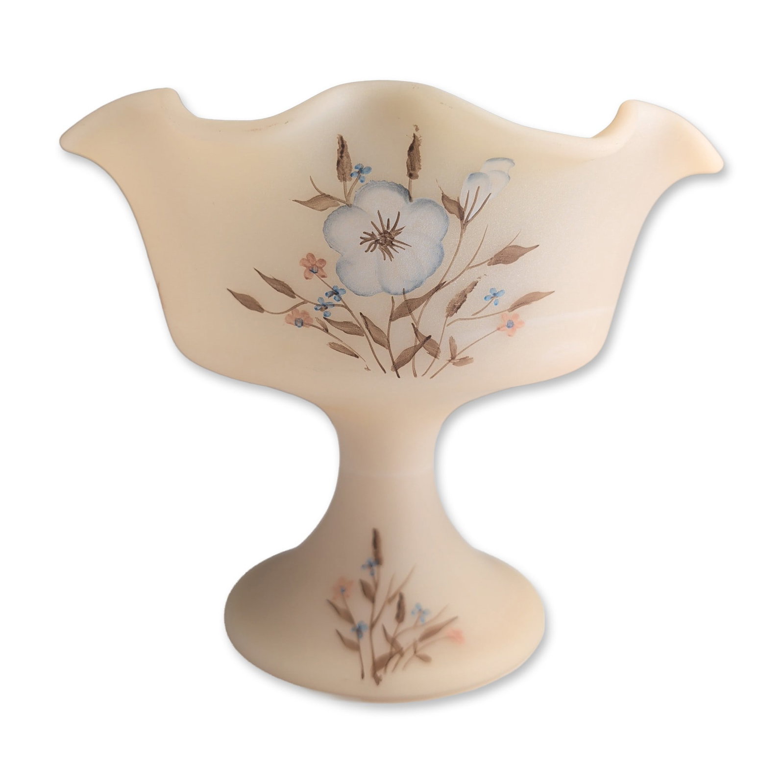Fenton Glass Pedestal Compote Bowl Hand Painted & Signed by Dane Fredrick: Fenton Art Glass Company footed pedestal compote bowl in satin-finish custard glass, featuring a hand-crimped ruffled rim. The piece is decorated with hand-painted enamel floral motifs including a lar