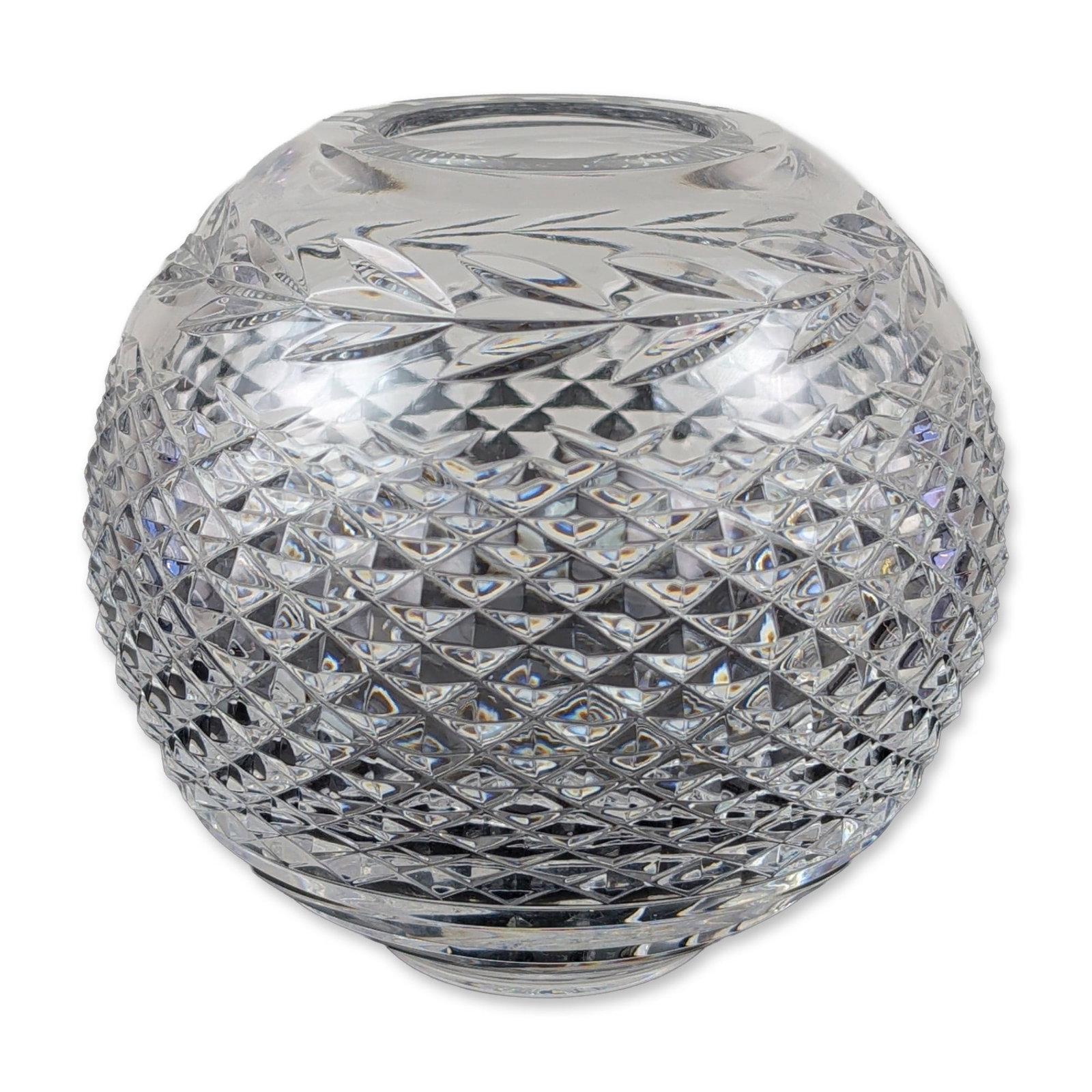 Waterford Crystal Glandore Rose Bowl: Waterford crystal rose bowl in the Glandore pattern. The spherical lead crystal vessel features a central band of deep diamond-point cuts positioned below stylized laurel leaf motifs. The base is fini
