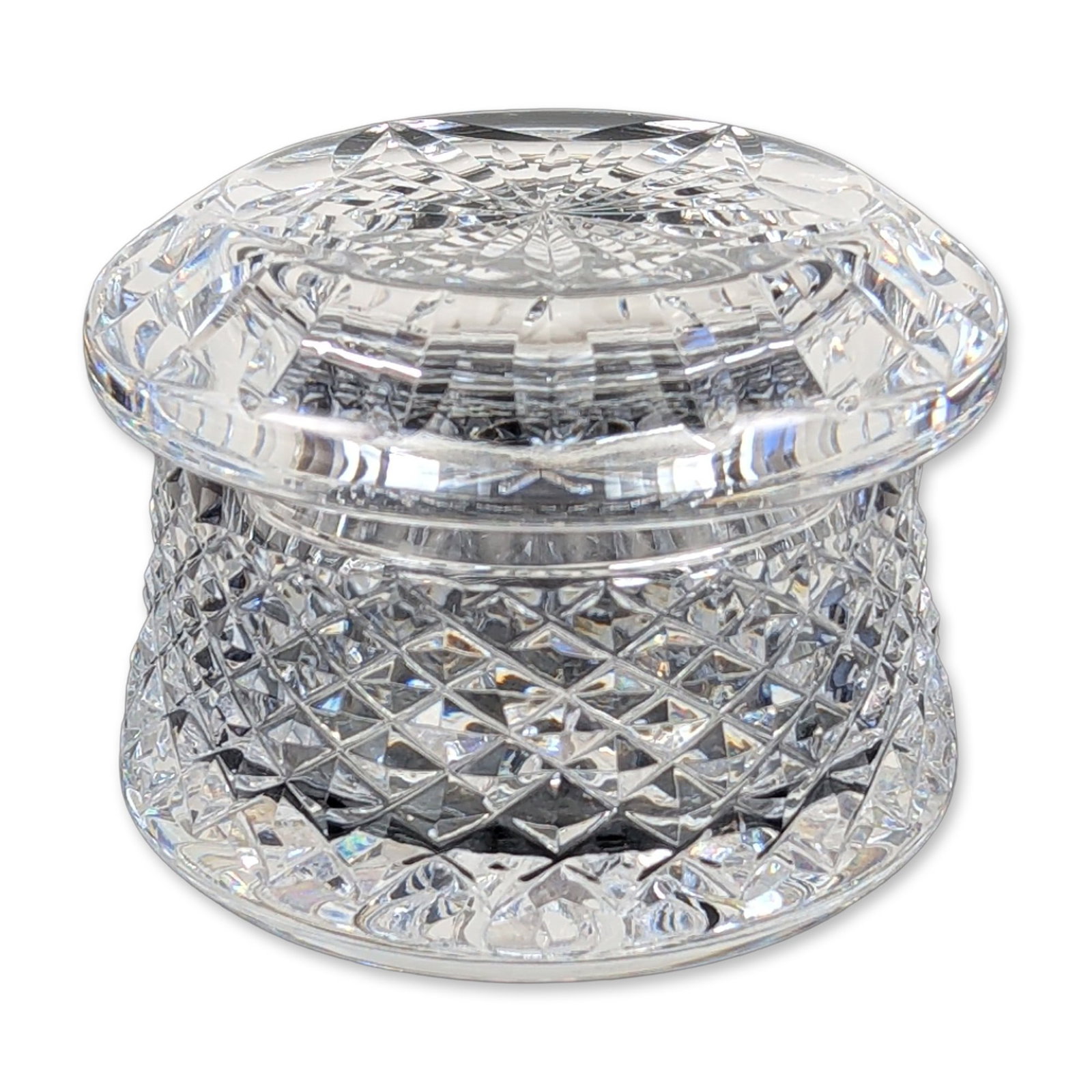 Waterford Crystal Diamond-Cut Crystal Lidded Jar: Waterford Crystal diamond-cut style lidded jar in clear lead crystal, featuring a cylindrical body with an all-over diamond pattern. The circular lid is finished with a flared faceted rim and a centra