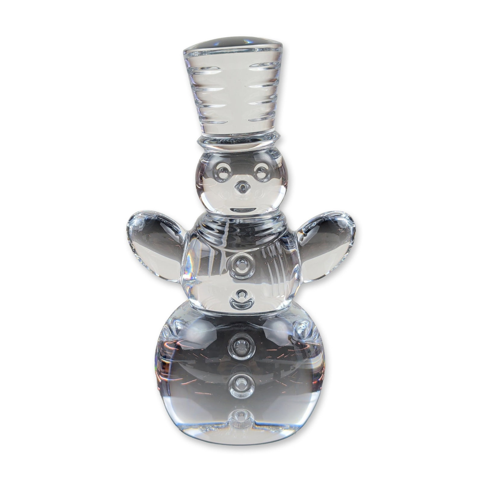 Waterford Lead Crystal Snowman Sculpture: This stylized seasonal sculpture by Waterford is crafted in clear lead crystal with a three-tiered body design. The figure features a ridged top hat, outstretched arms, and raised torso buttons. The u