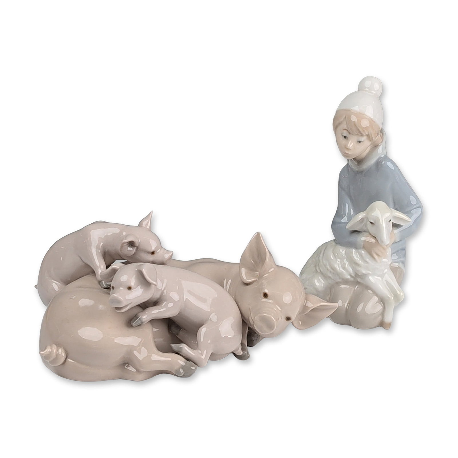 2pc Lladro Porcelain Figurines, Playful Piglets 01005228 and Shepherd with Lamb 01004676 (1 of 4)