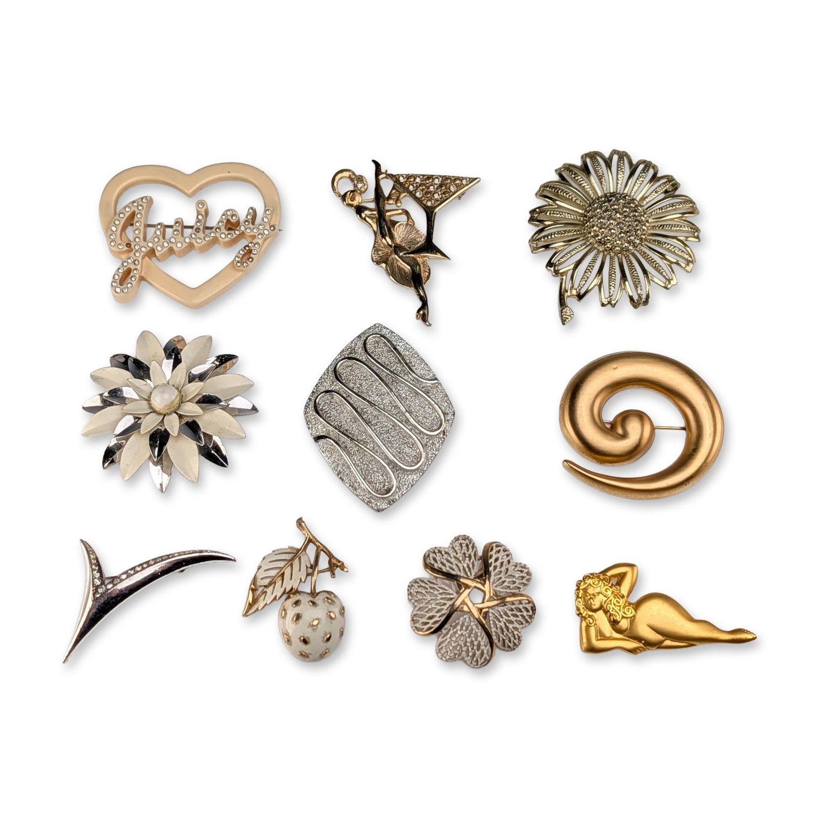10pc Assortment of Vintage and Contemporary Costume Jewelry Brooches: Assortment of ten costume jewelry brooches in various figural, floral, and abstract styles. The collection includes a large brushed gold-tone spiral brooch with an impressed mark on the reverse within