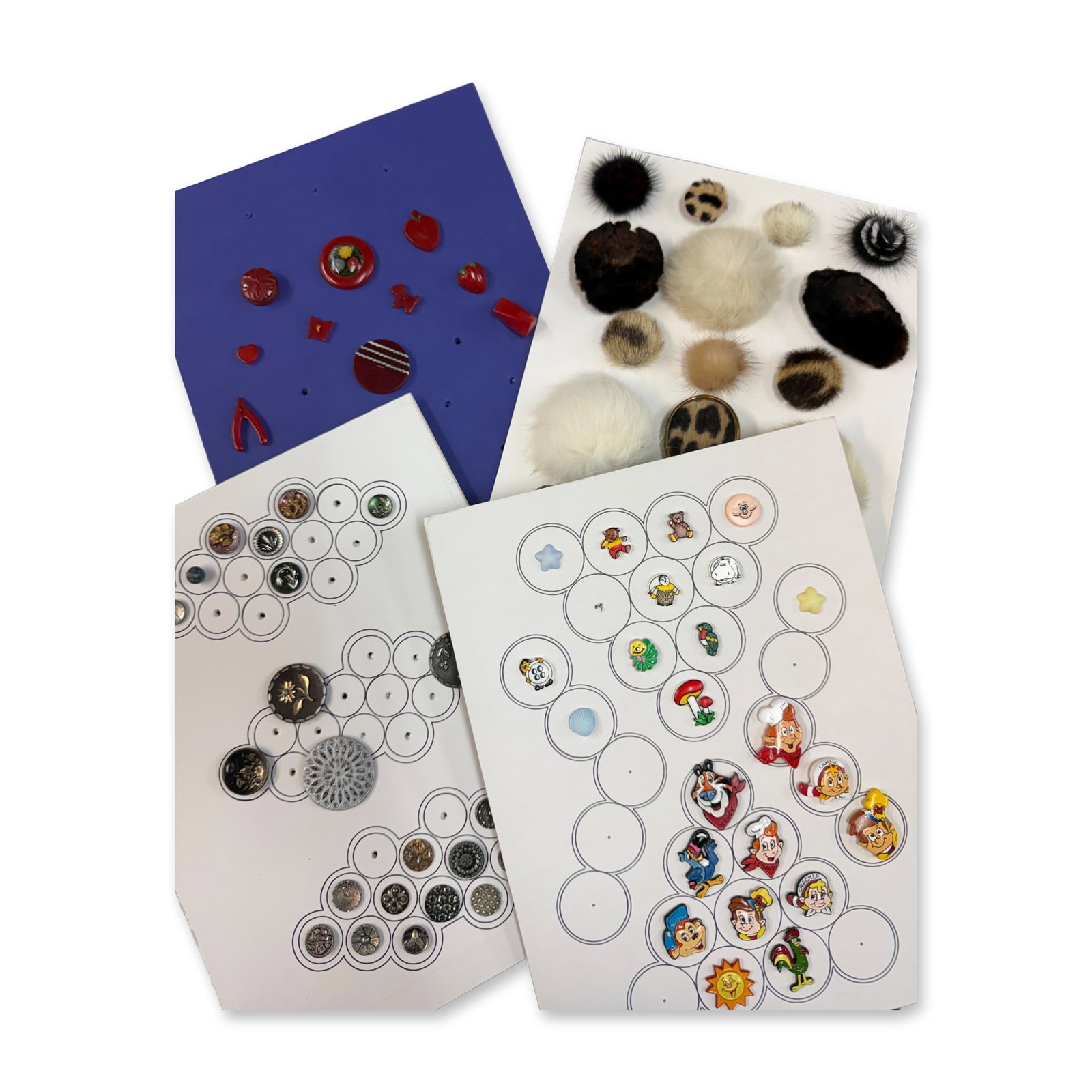 A BOX LOT OF ASSORTED CARDS & ASSORTED MATERIAL BUTTONS: 17 Cards of all many different techniques, sizes, ages and more. This box has several cards of 1930's Bakelite buttons along with cards of cute realistic buttons, a card of real fur buttons, sets,
