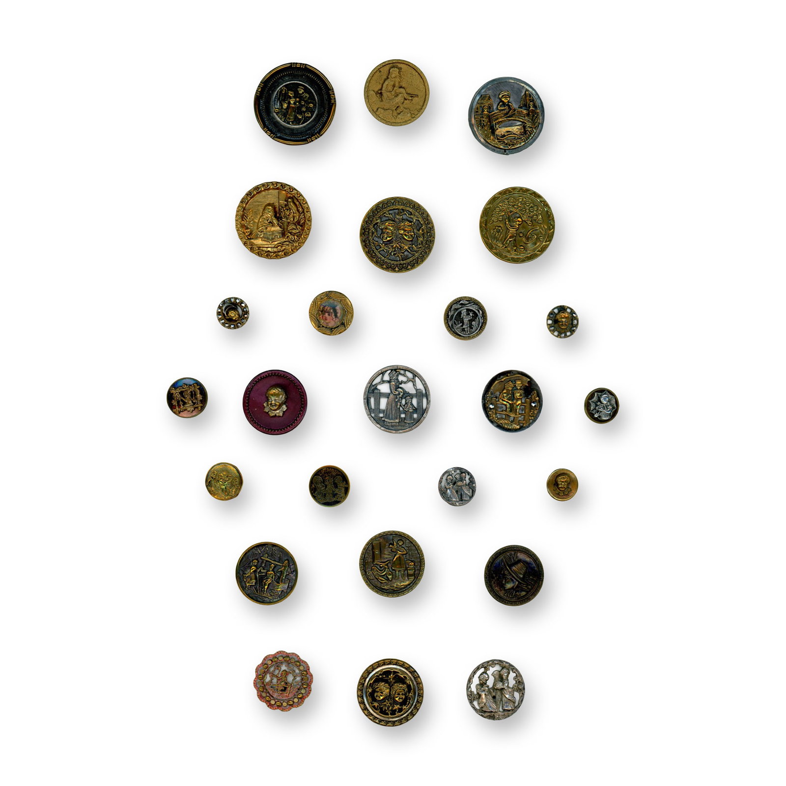 A CARD OF DIVISION ONE ASSORTED METAL PICTORIAL BUTTONS: 25 S/M/L 19th century examples specialized to children. This card includes a variety of children and children story buttons including Kate Greenaway designs. Dimensions: SM=Less than 3/4", Medium=3/4"