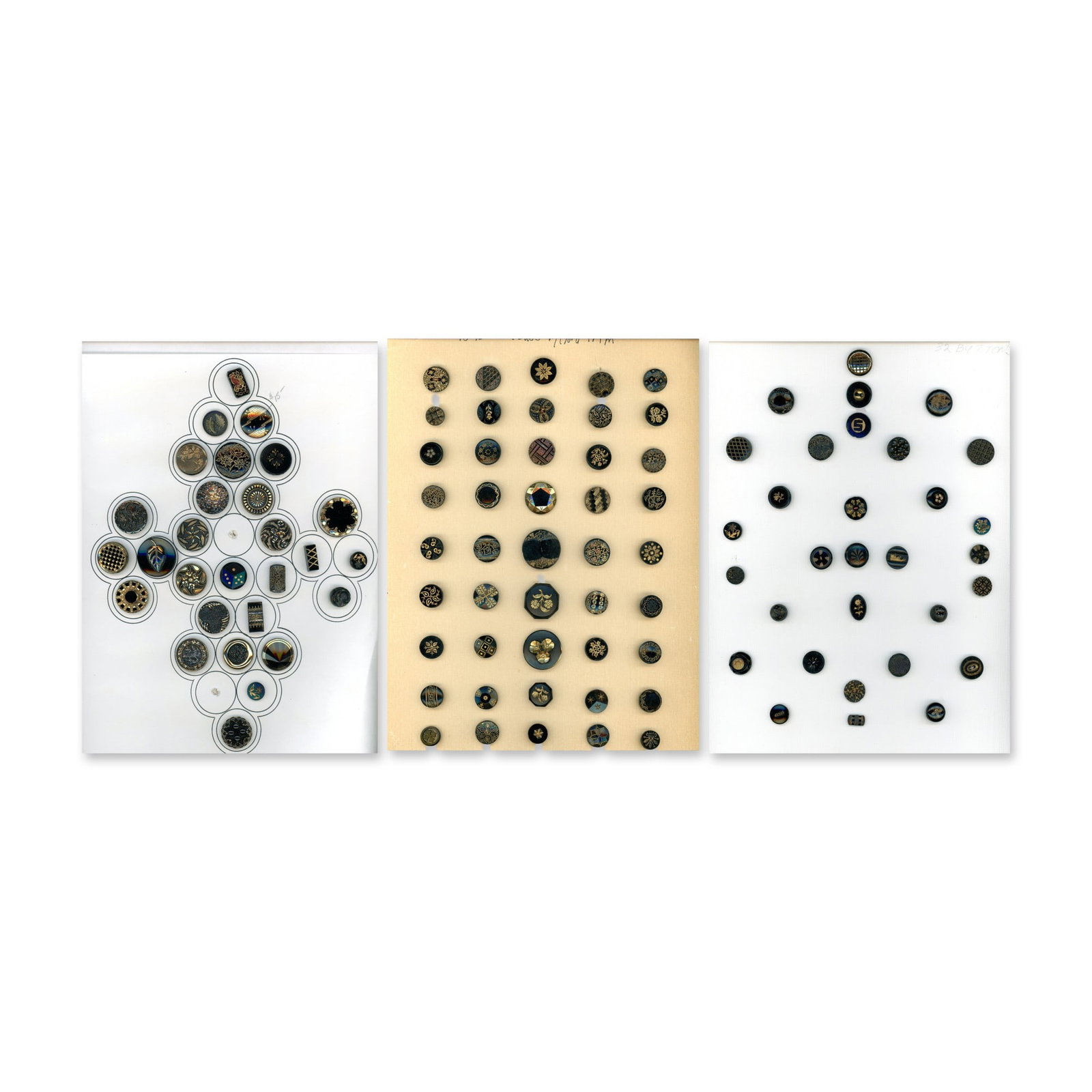 AN ASSORTEMENT OF BLACK GLASS BUTTONS: 114 Small/Medium Antique & Vintage assorted pictorial examples. These cards include a large variety including many gold Lusters, shapes and more. Dimensions: SM=Less than 3/4", Medium=3/4" to 1 1/4".