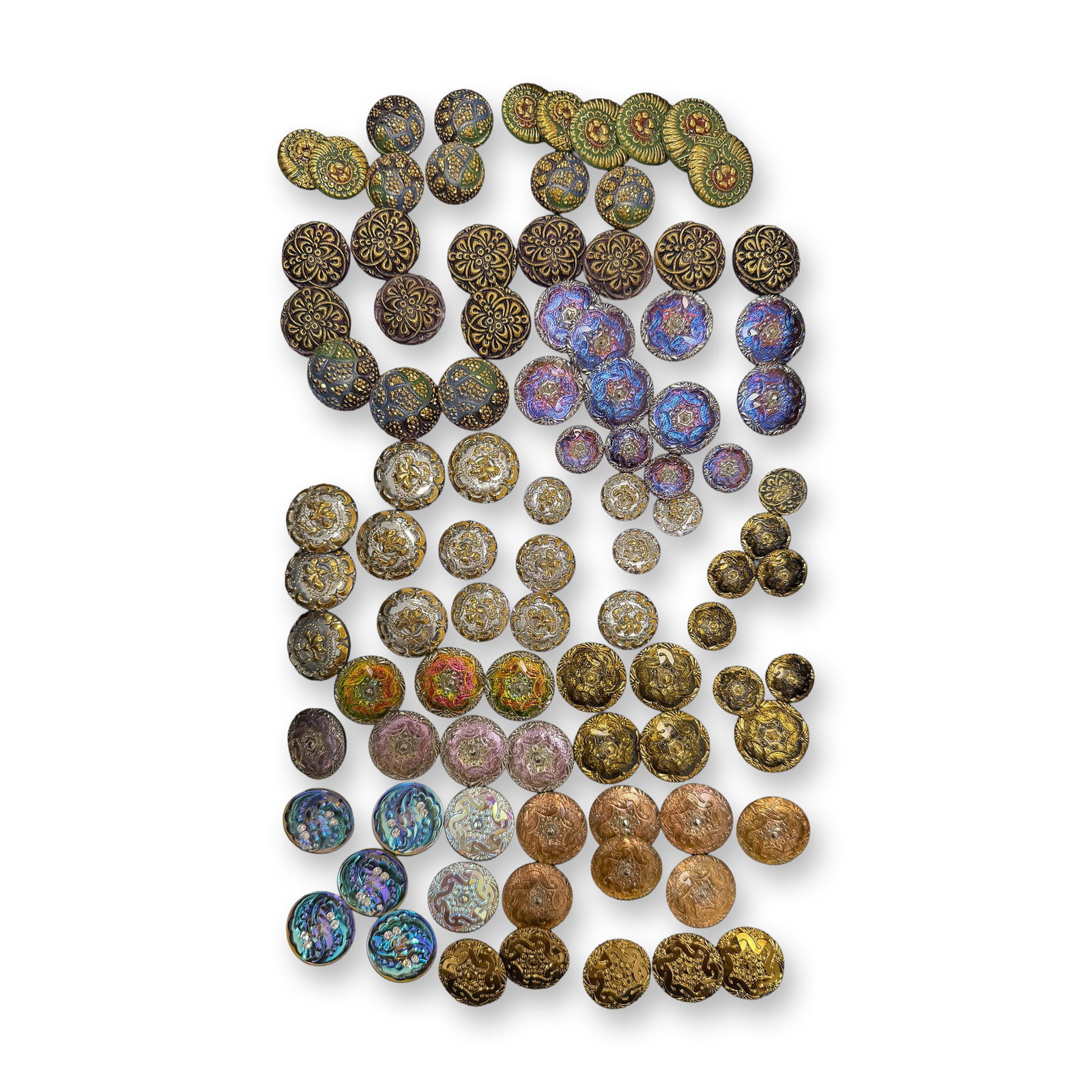 AN ASSORTMENT OF DIVISION THREE GLASS BUTTONS: 96 Medium/Large assorted Czech Republic glass examples. This selection includes a large variety of styles and patterns all dating to the late 1990's to early 2000's from the Czech Republic. We show