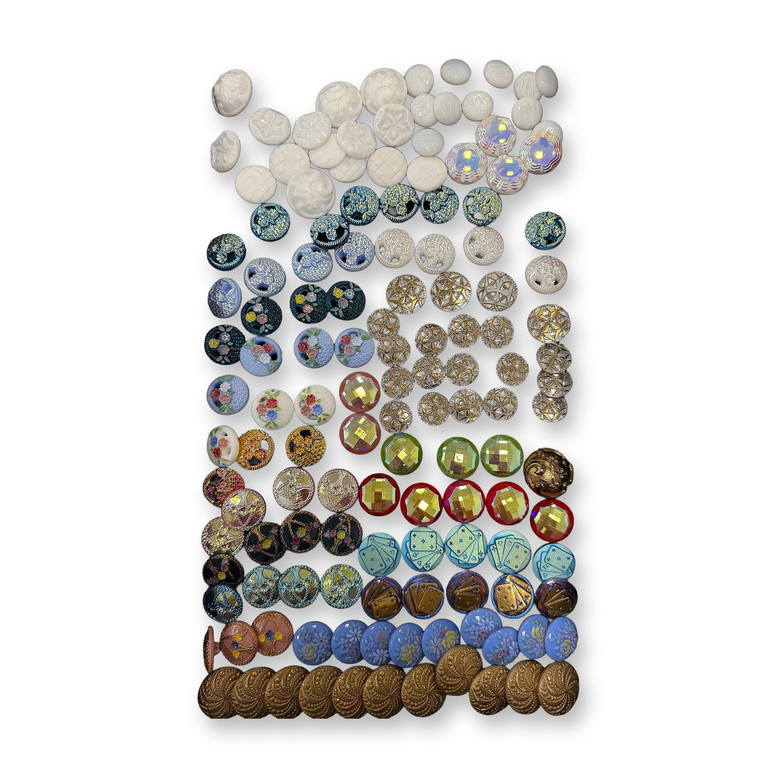 AN ASSORTMENT OF DIVISION THREE GLASS BUTTONS: 137 Medium assorted Czech Republic glass examples. This selection includes a large variety of styles including pictorials and patterns all dating to the late 1990's to early 2000's from the Czech Repu