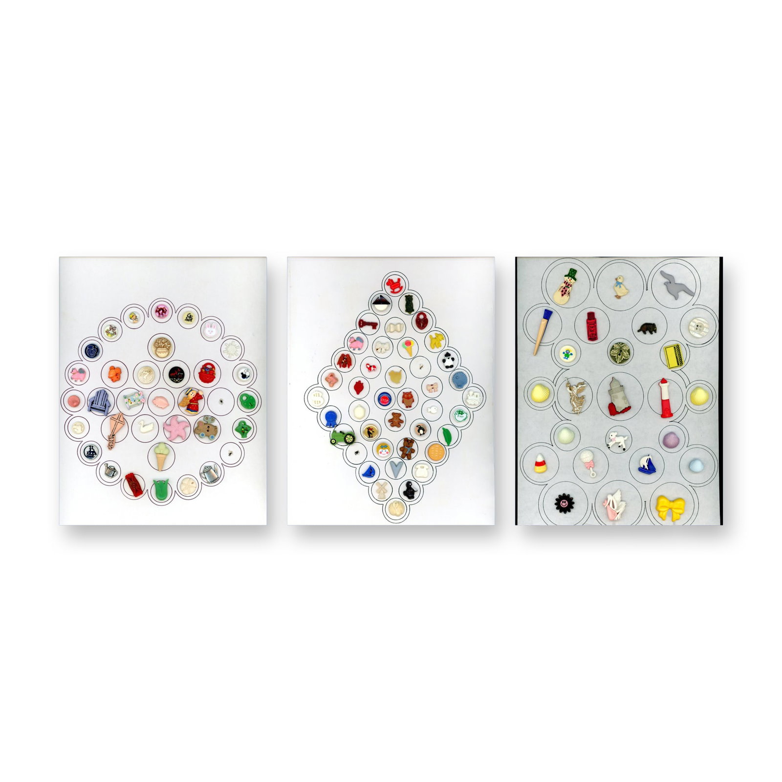 A LOT OF DIVISION THREE REALISTIC KIDDIE BUTTONS: Over 90 S/M/L assorted subject matter examples. These cards include animals, people, objects, plant life in a Varity of colors and designs. Realistics, Goofies, Kiddie and more. Dimensions: SM=Less