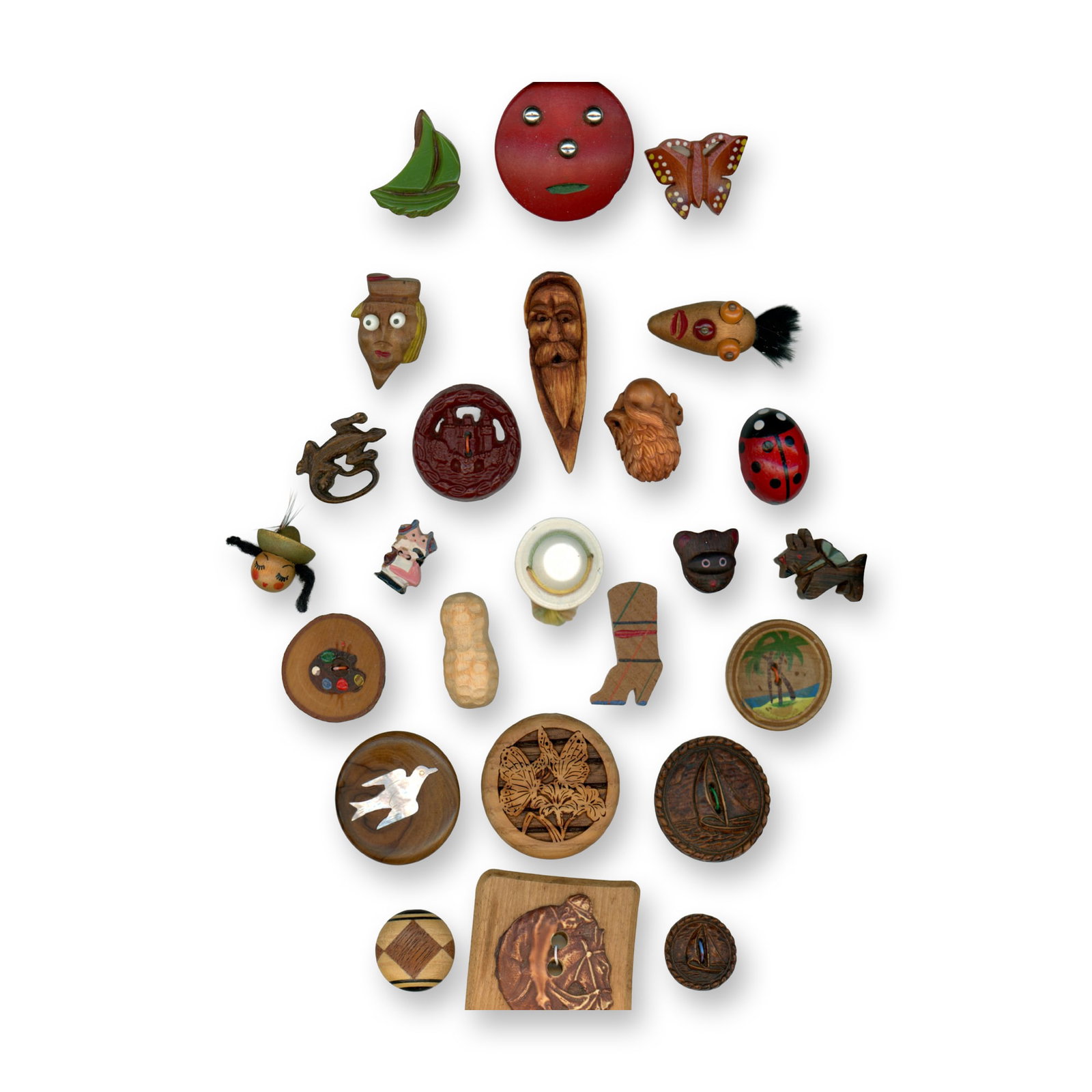 1 CARD OF ASSORTED WOOD BUTTONS: 25 S/M/L Assorted technique examples A lot of cool examples here including several nice 19th century examples, metal OME, pictorials, inlays and more. Check out the pearl inlaid wood by artist Herman 