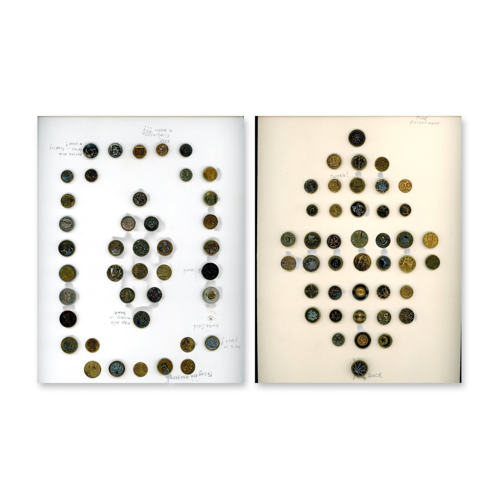 2 CARDS DIVISION ONE PICTORIAL METAL BUTTONS: 83 Small 19th century assorted subject matter examples. Here are two great and clean cards of those wonderful small detailed picture buttons that both collectors and creators love. Dimensions: SM=Less
