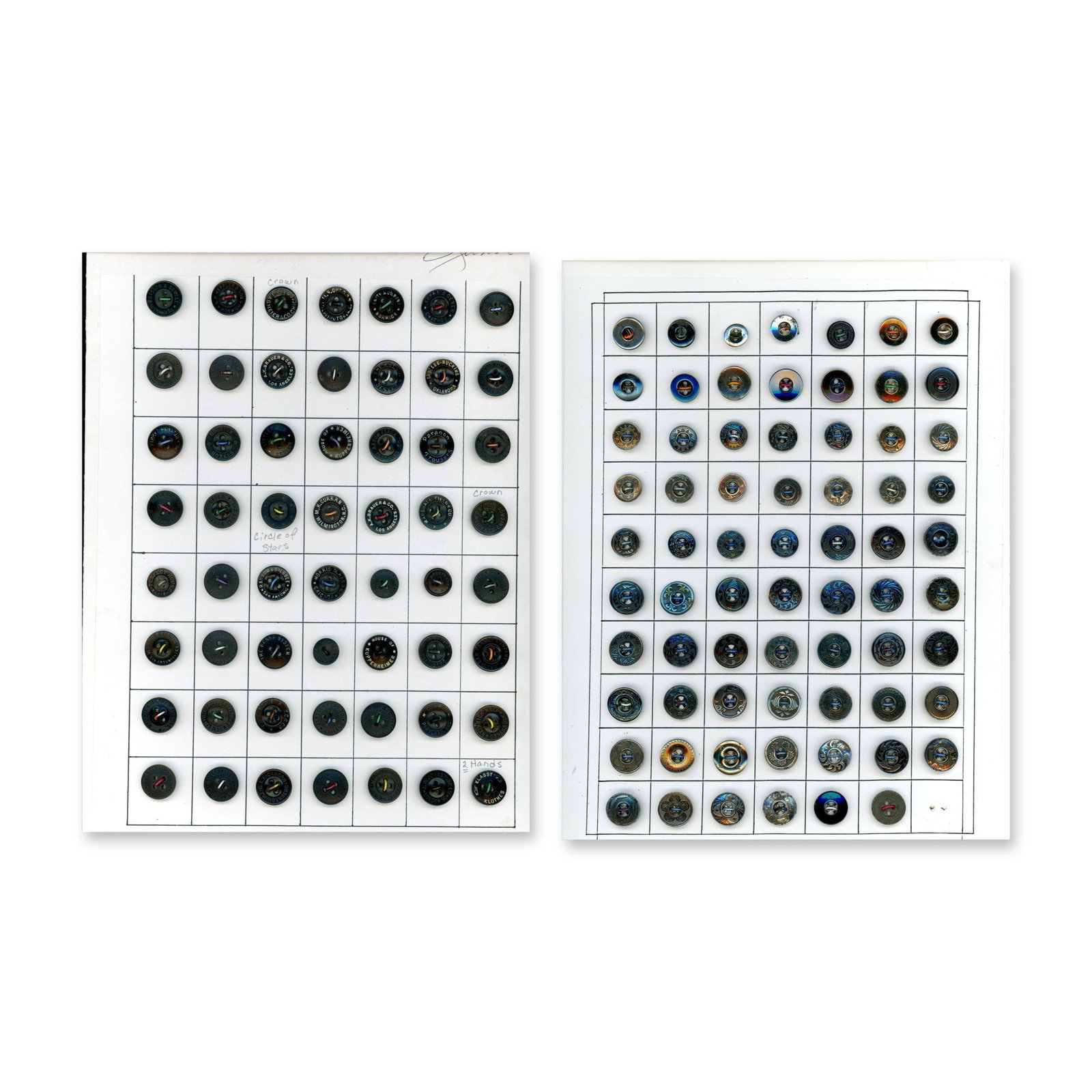 2 CARDS OF DIVISION ONE OVERALL BUTTONS: 126 Small Metal sew thru examples, many verbals. These cards include blued metal, brass and some nice verbal examples. Dimensions: SM=Less than 3/4", Medium=3/4" to 1 1/4". Large=1 1/4" and above, ext