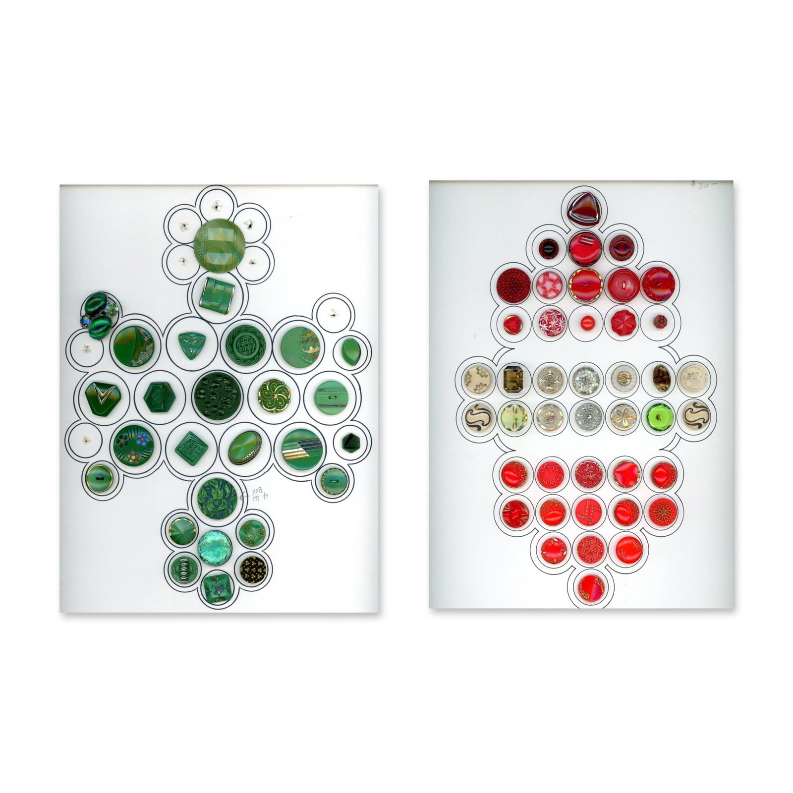 2 CARDS OF DIVISION THREE COLORED GLASS BUTTONS: 68 S/M/L assorted styles in a variety of colors. These cards include a variety of red and green along with clear with gold luster and a few other colors. Dimensions: SM=Less than 3/4", Medium=3/4" to 