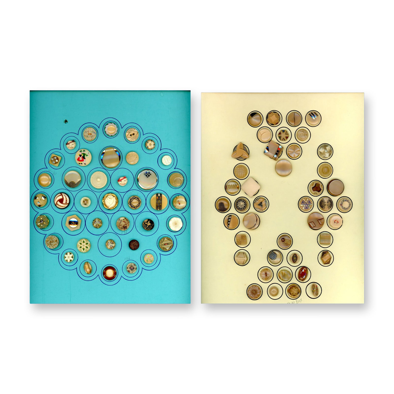 2 CARDS OF DIVISION THREE COLORED GLASS BUTTONS: 78 Small/Medium assorted styles specialized to carmel colored. These cards include a nice selection of Deco style, realistics, pictorials, lusters and more. Dimensions: SM=Less than 3/4", Medium=3/4" 