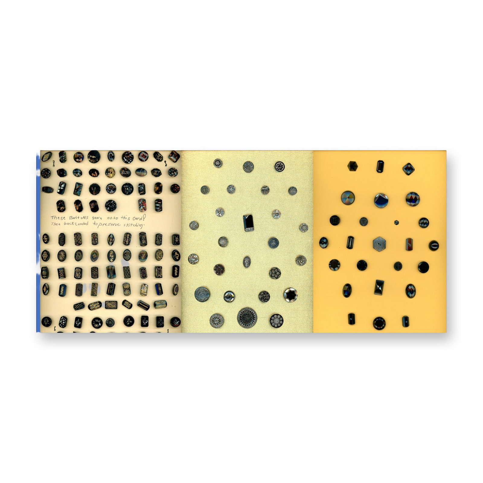 3 CARDS OF ASSORTED BLACK GLASS BUTTONS: 142 S/M/L 19th/20th century assorted technique examples. These cards include a large variety including line designs, Lusters, shapes and more. Dimensions: SM=Less than 3/4", Medium=3/4" to 1 1/4". Lar