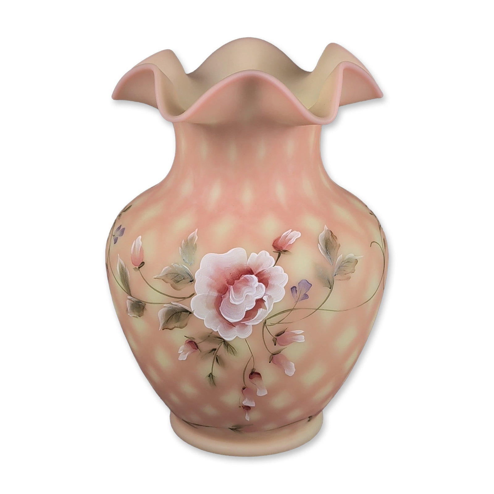 Fenton Burmese Diamond Optic Hand Painted Vase (1 of 4)