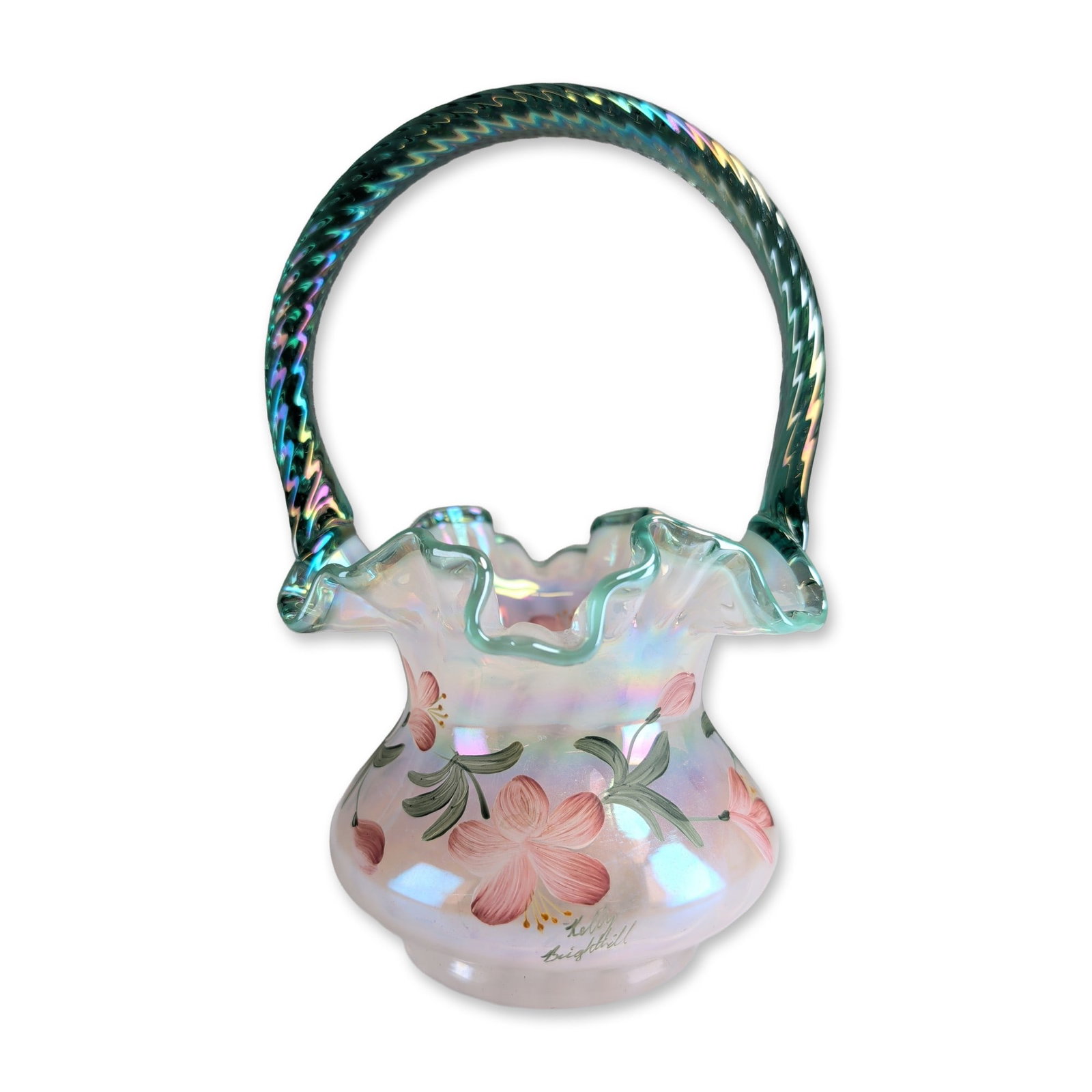 Fenton 90th Anniversary Kelly Brightbill Signed Iridescent Glass Basket: Fenton 90th Anniversary commemorative basket, 1995, in white opalescent glass with a pearlescent iridescent finish. The form features a ruffled rim with a green glass crest and an applied twisted gree