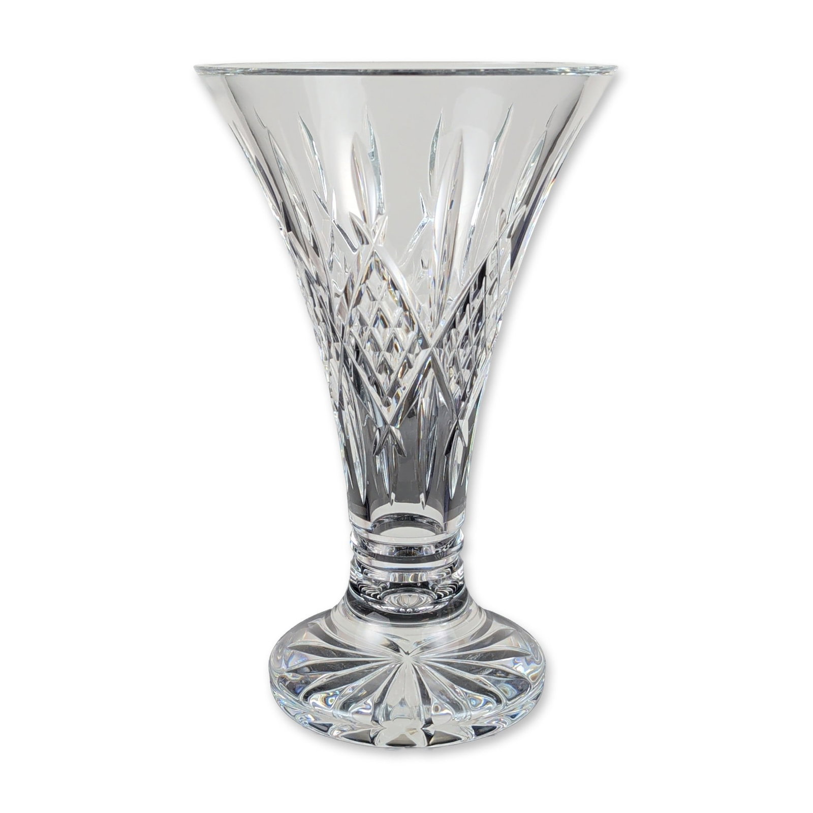 Waterford Ardmore Crystal Trumpet Vase: Waterford lead crystal trumpet vase in the Ardmore pattern, featuring a flared bowl decorated with deep-cut criss-cross diamond and vertical wedge motifs. The piece is constructed with a multi-ringed 