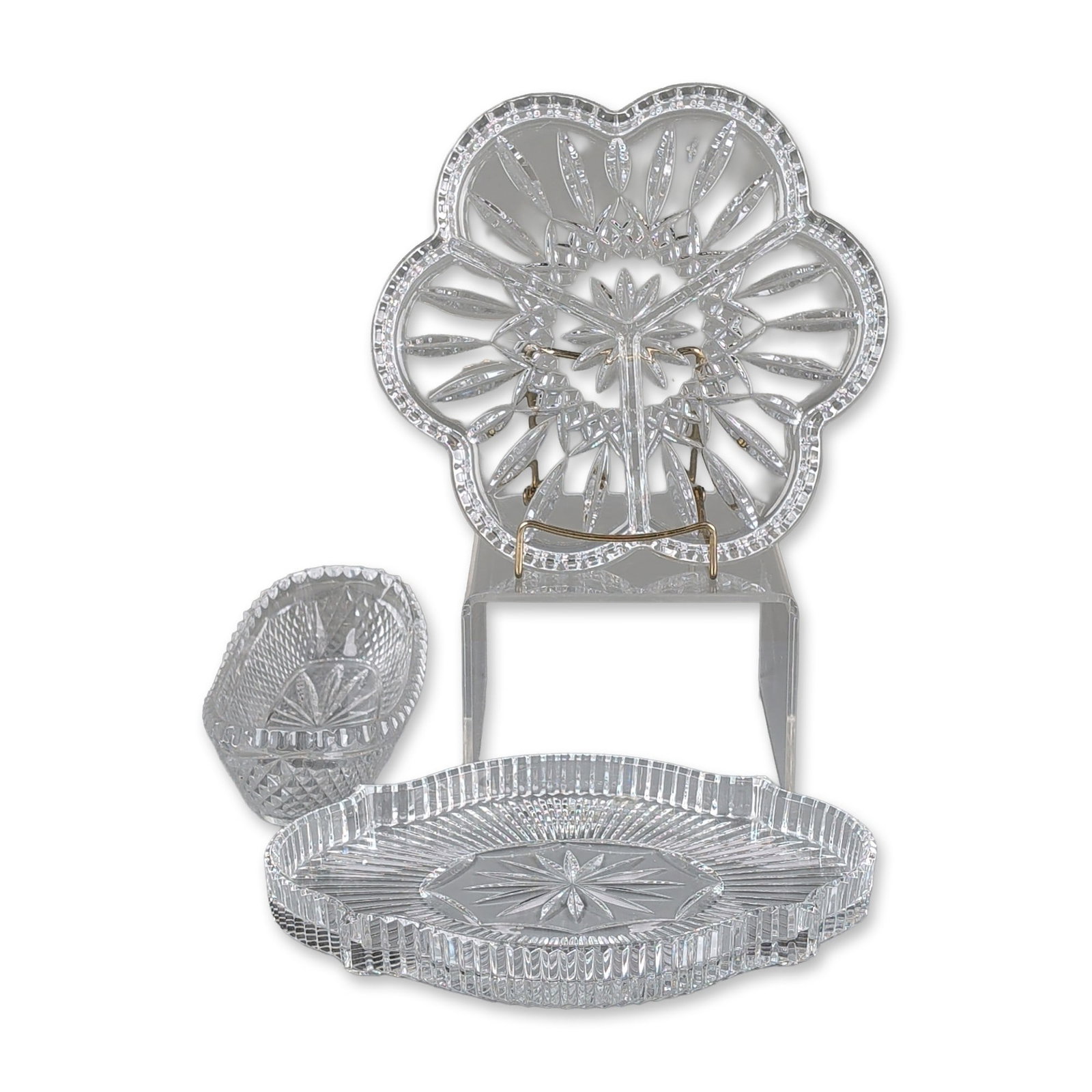 3pc Waterford Cut Crystal Serving Dishes: Trio of Waterford colorless lead crystal serving pieces featuring brilliant-cut geometric patterns. The collection includes a tri-lobed divided relish dish, an oval tray, and a deep oval celery bowl. 