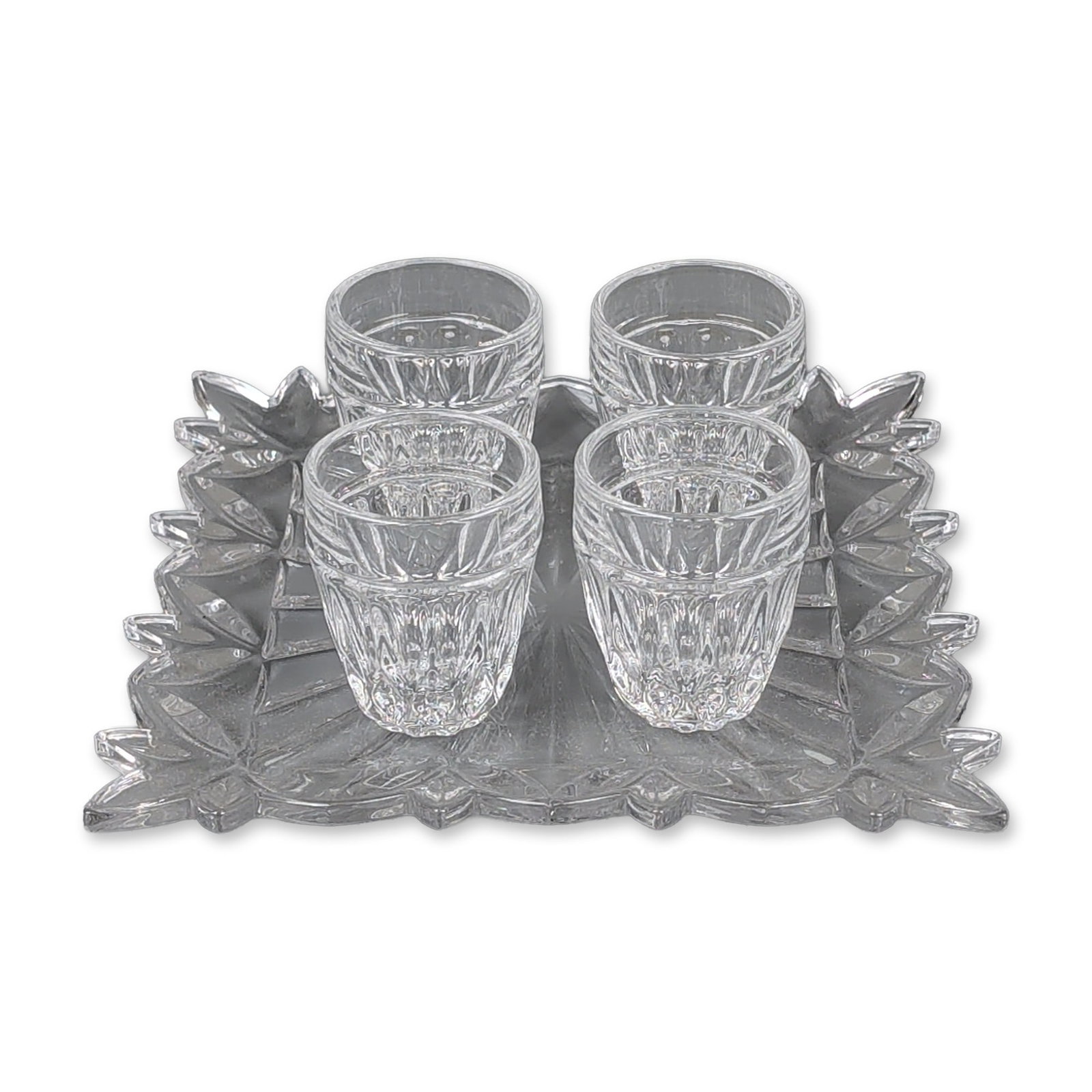 5pc Marquis by Waterford Cut Crystal Shot Glass Set with Serving Dish: Marquis by Waterford cut crystal barware set, consisting of four shot glasses and a coordinating serving tray. The glasses are designed with deep, vertical mitre cuts, and the tray features a central 