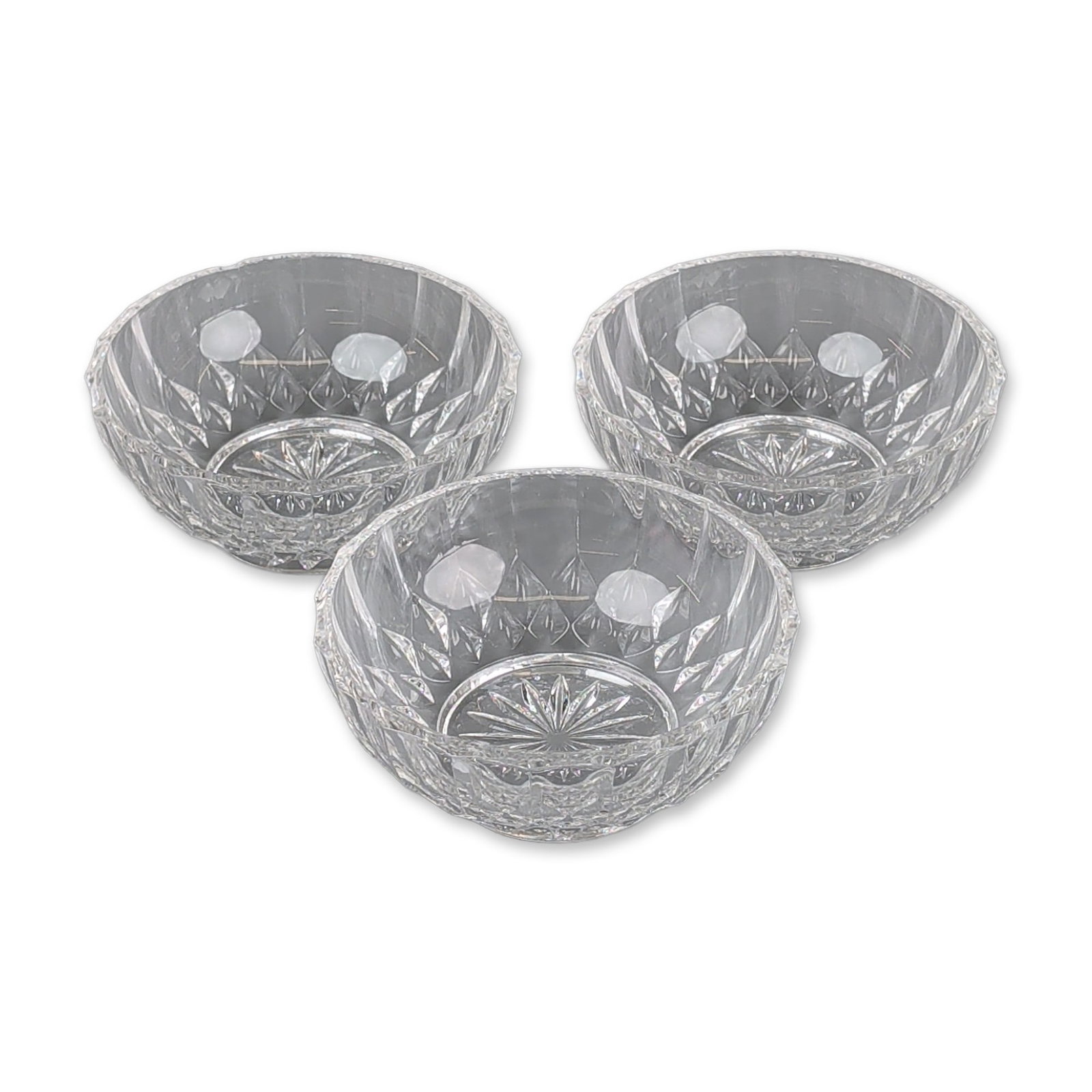3pc Val Saint Lambert Crystal Bowls: Belgian cut crystal dessert bowls by Val Saint Lambert. Each bowl features vertical fluted cuts along the upper rim above a central horizontal band of cross-hatched diamond facets. The underside of ea