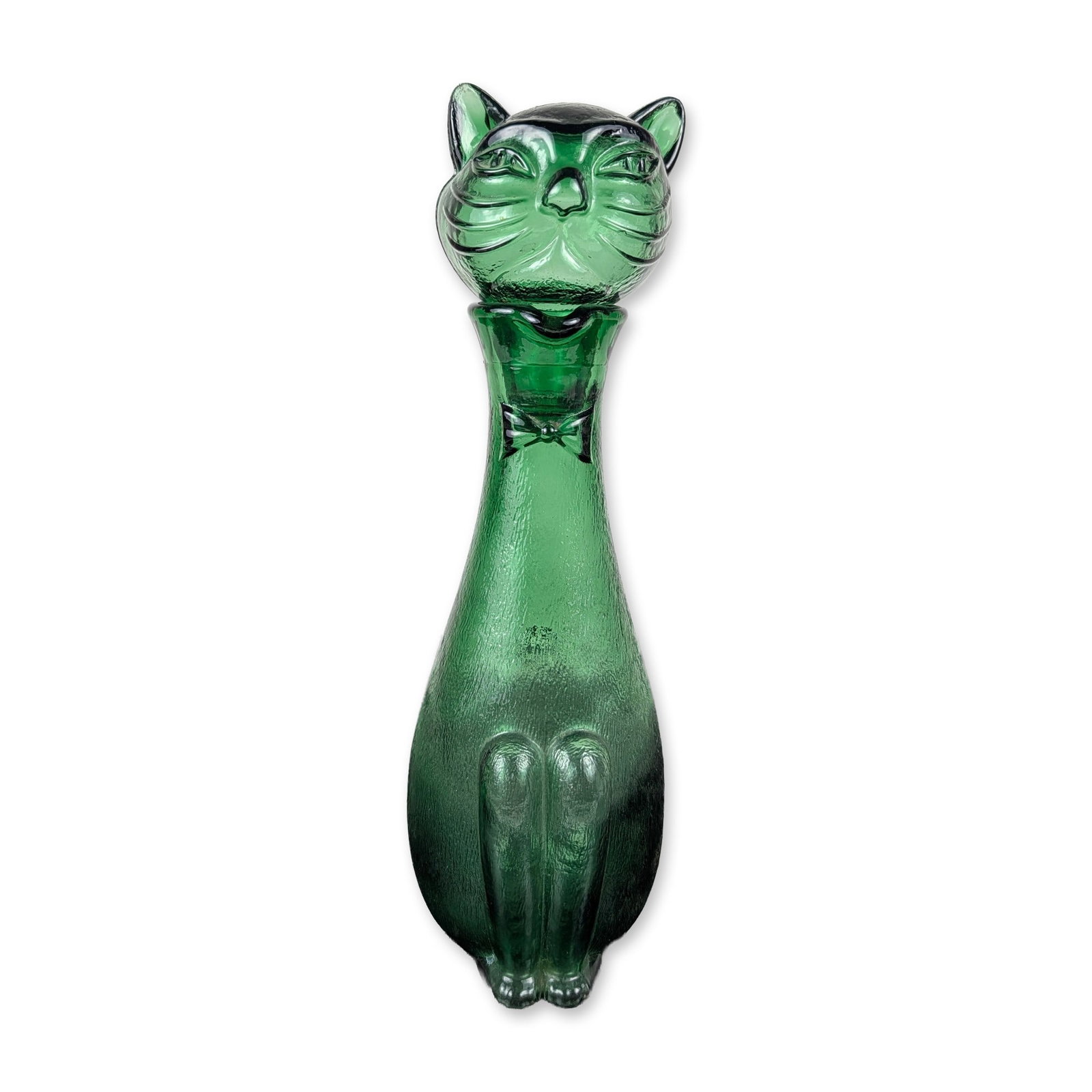 Italian Mid-Century Emerald Green Glass Cat Decanter: Italian, mid-20th century. Mid-century modern mold-blown emerald green glass decanter in the form of a seated cat. The vessel features a textured bark finish with relief-molded details including a