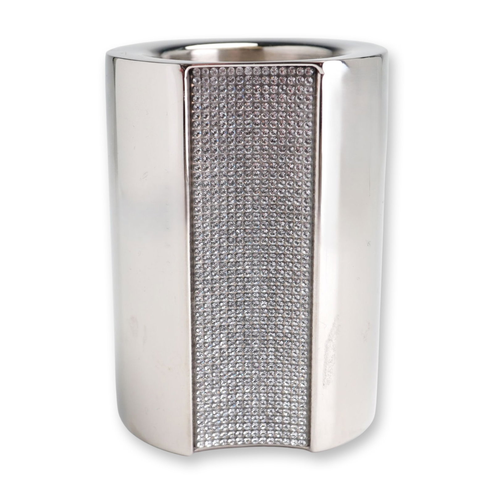 Swarovski Ambiray Stainless Steel Crystal Candle Holder: Swarovski Ambiray candle holder in polished stainless steel, featuring a recessed rectangular panel densely set with clear pave-set crystals. The underside is marked with the etched Swarovski swan log