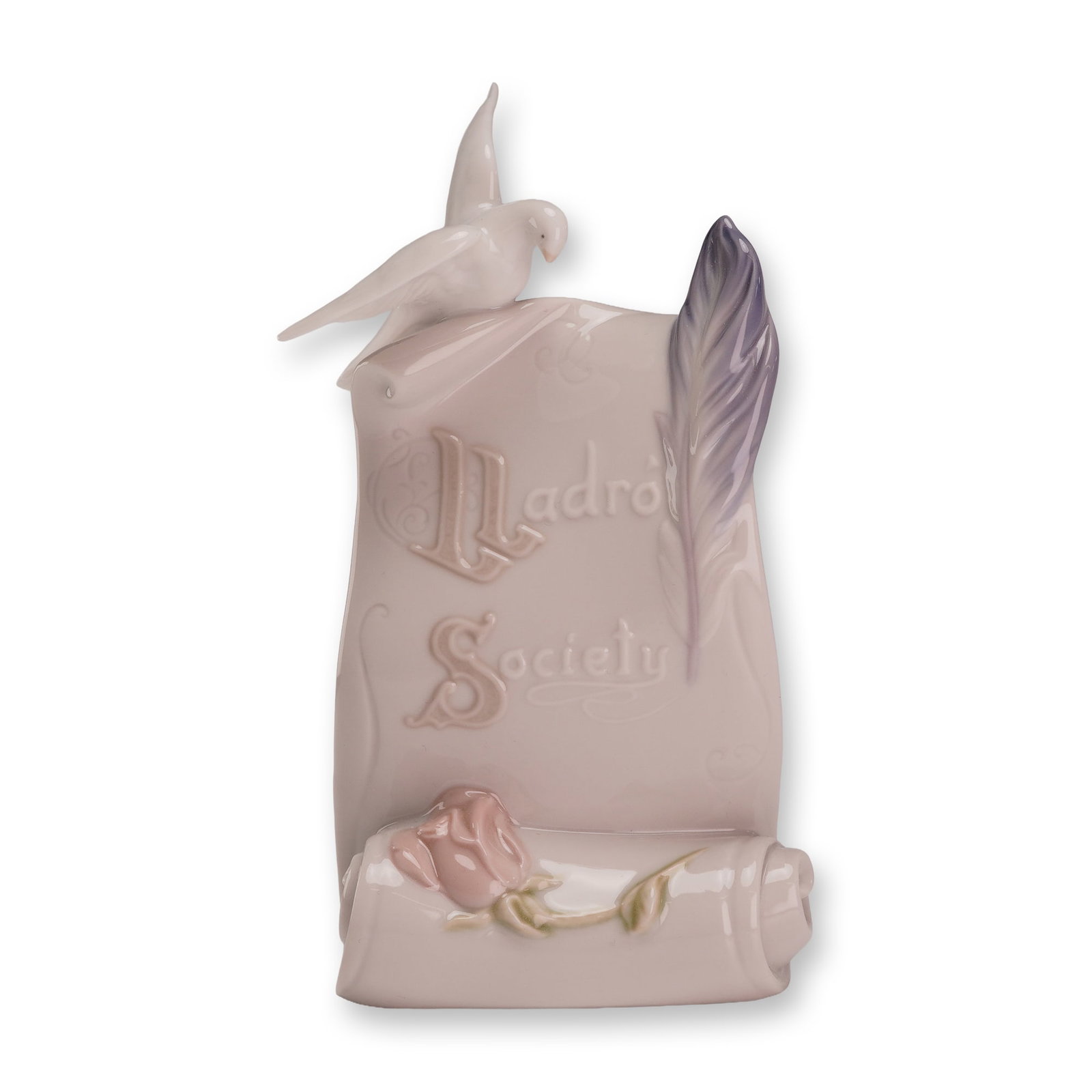 Lladro Porclain Figurine, Art Brings Us Together: Lladro Society porcelain plaque titled Art Brings Us Together, model number 7677. The plaque is modeled in the form of an upright scroll and finished with a glossy glaze in a palette of cream, pale pi